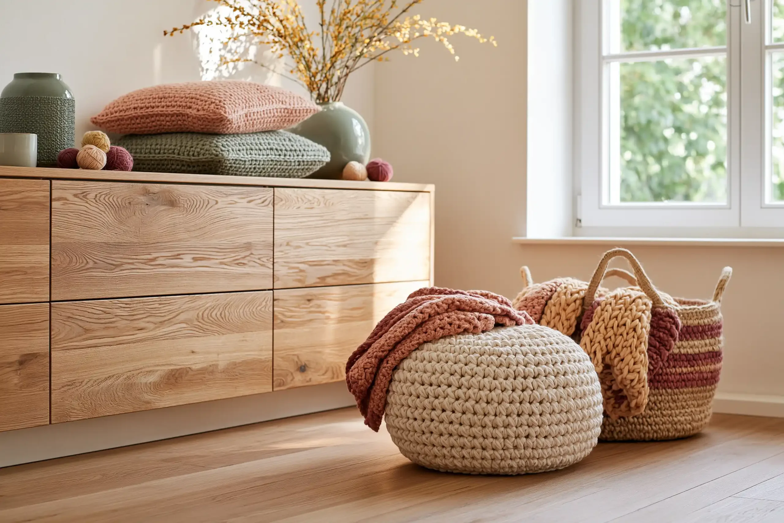Moderne Häkelideen für Anfänger mit Korb, Kissen und Garn