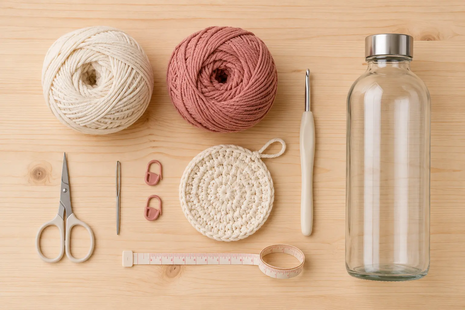 Material zum Flaschenhalter häkeln mit Baumwollgarn, Häkelnadel und Flasche