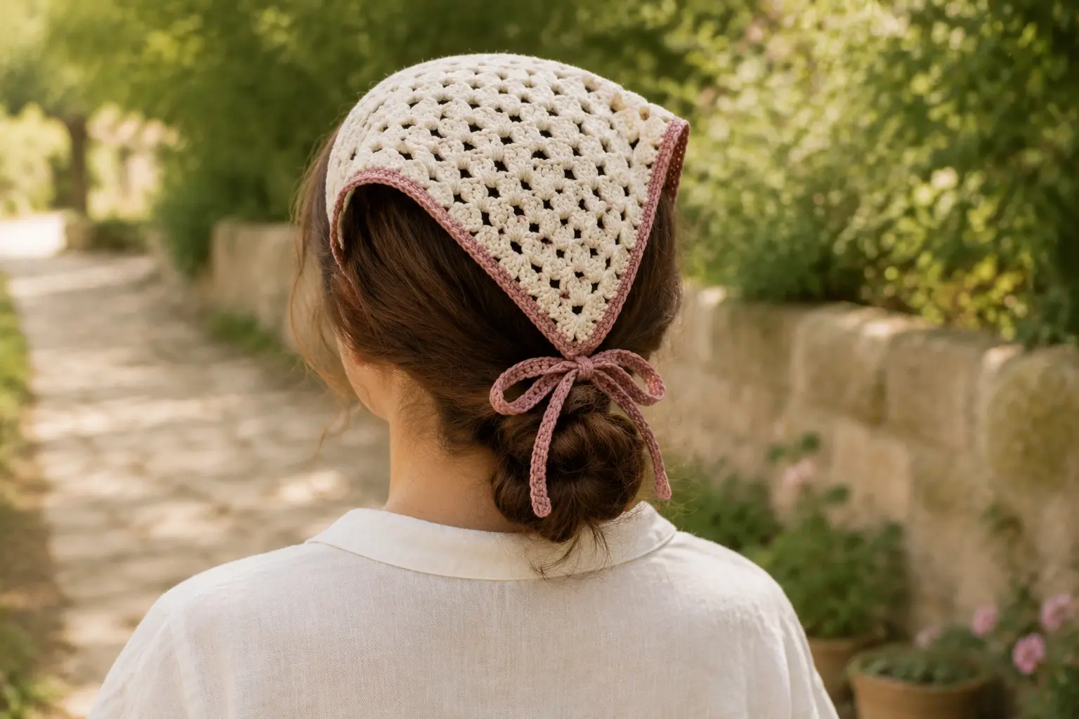 Gehäkeltes Bandana in Creme und Altrosa im Haar getragen
