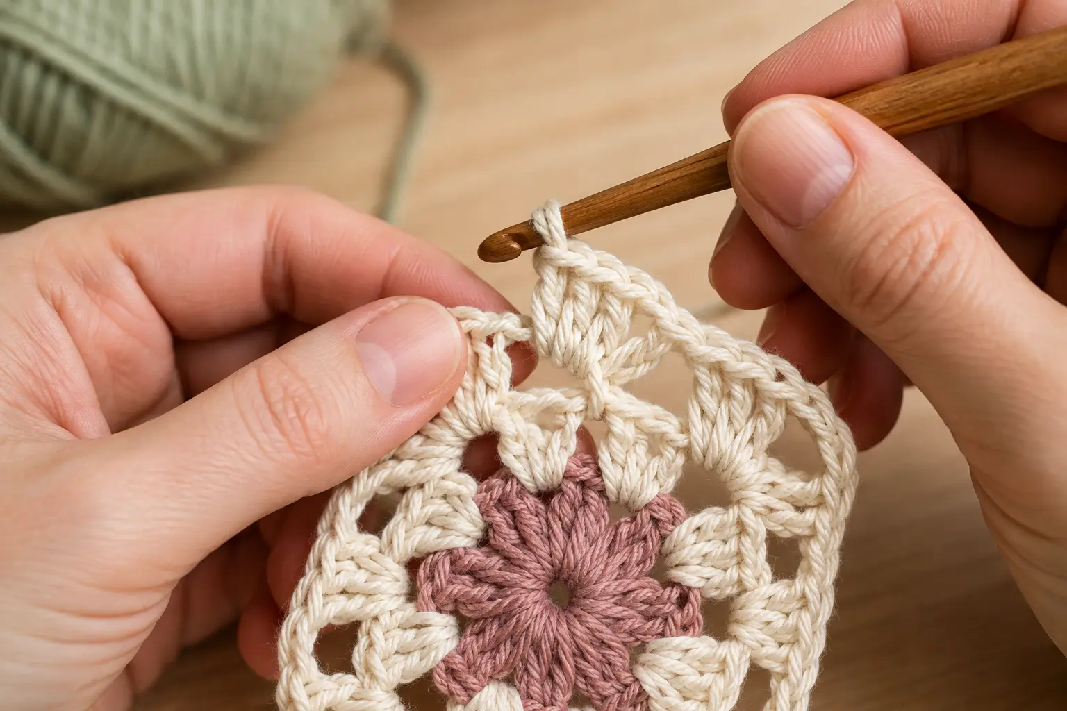 Granny Square Ecke mit zwei Stäbchengruppen häkeln