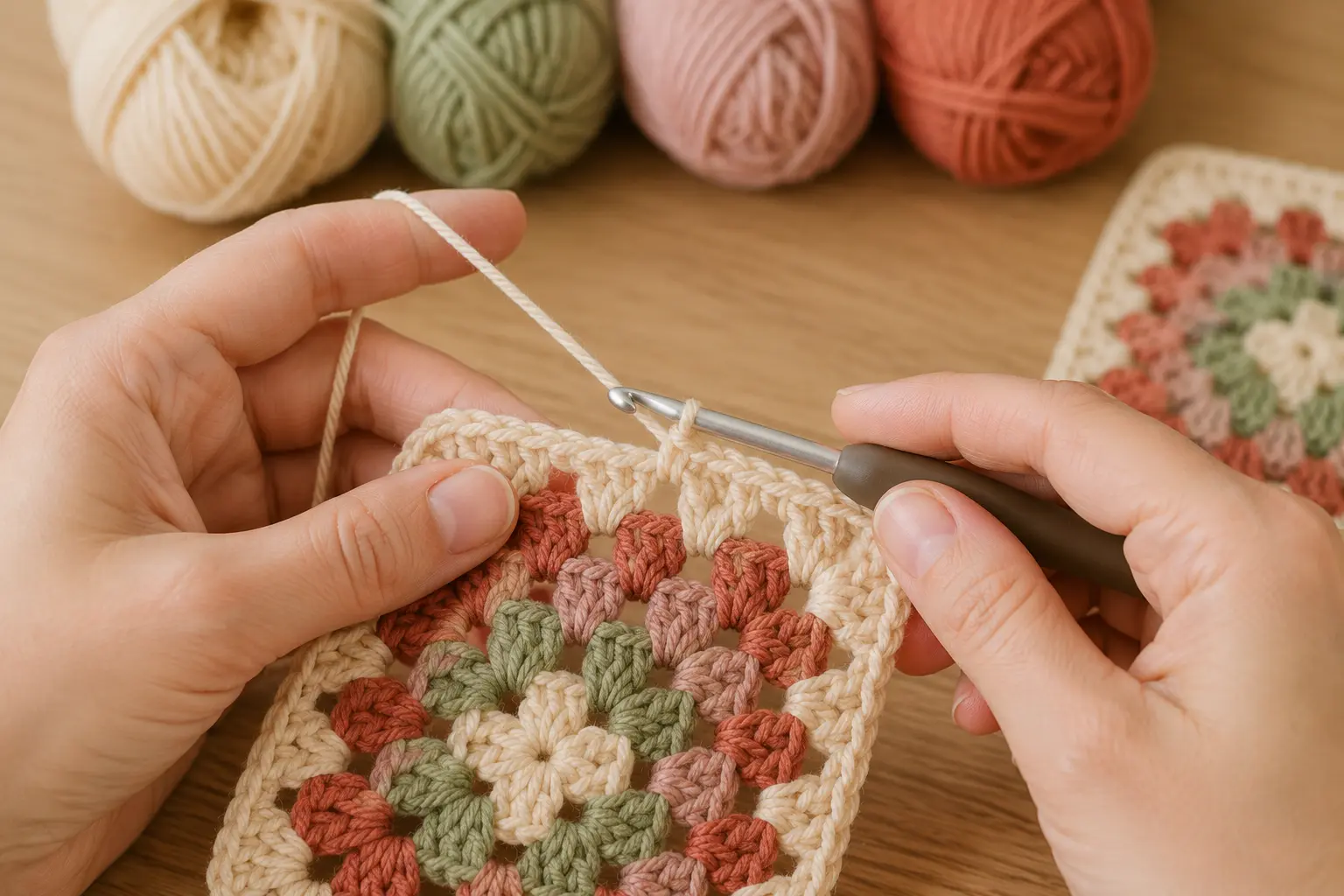 Fünfte cremefarbene Runde eines Granny Squares mit der Häkelnadel arbeiten