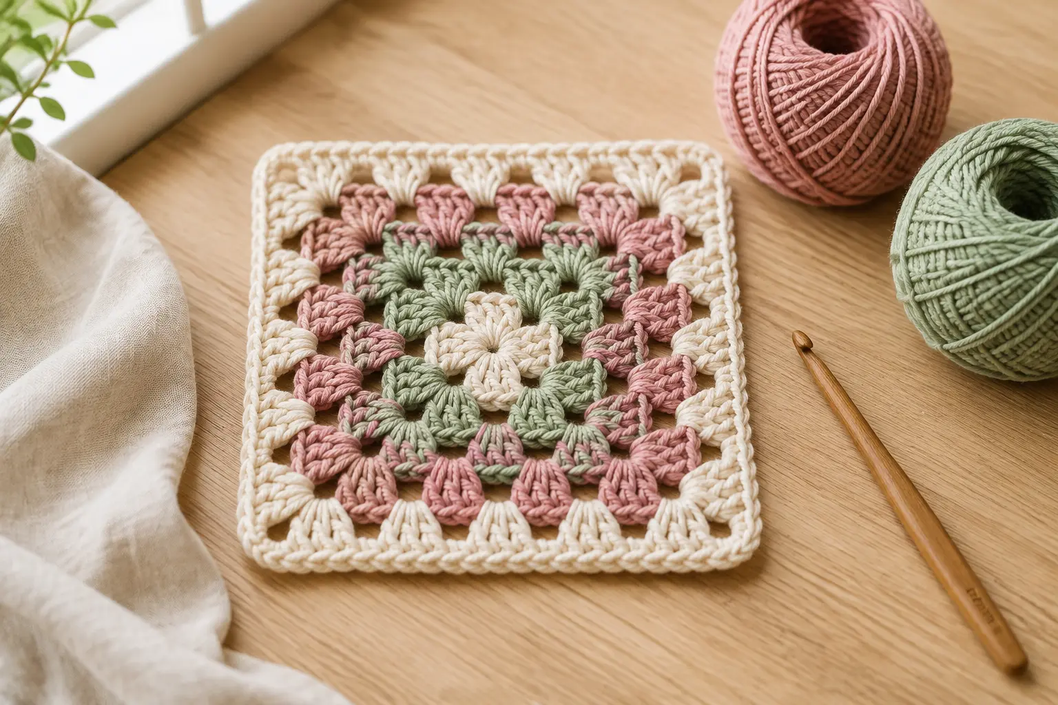 Klassisches Granny Square in Creme, Altrosa und Salbeigrün
