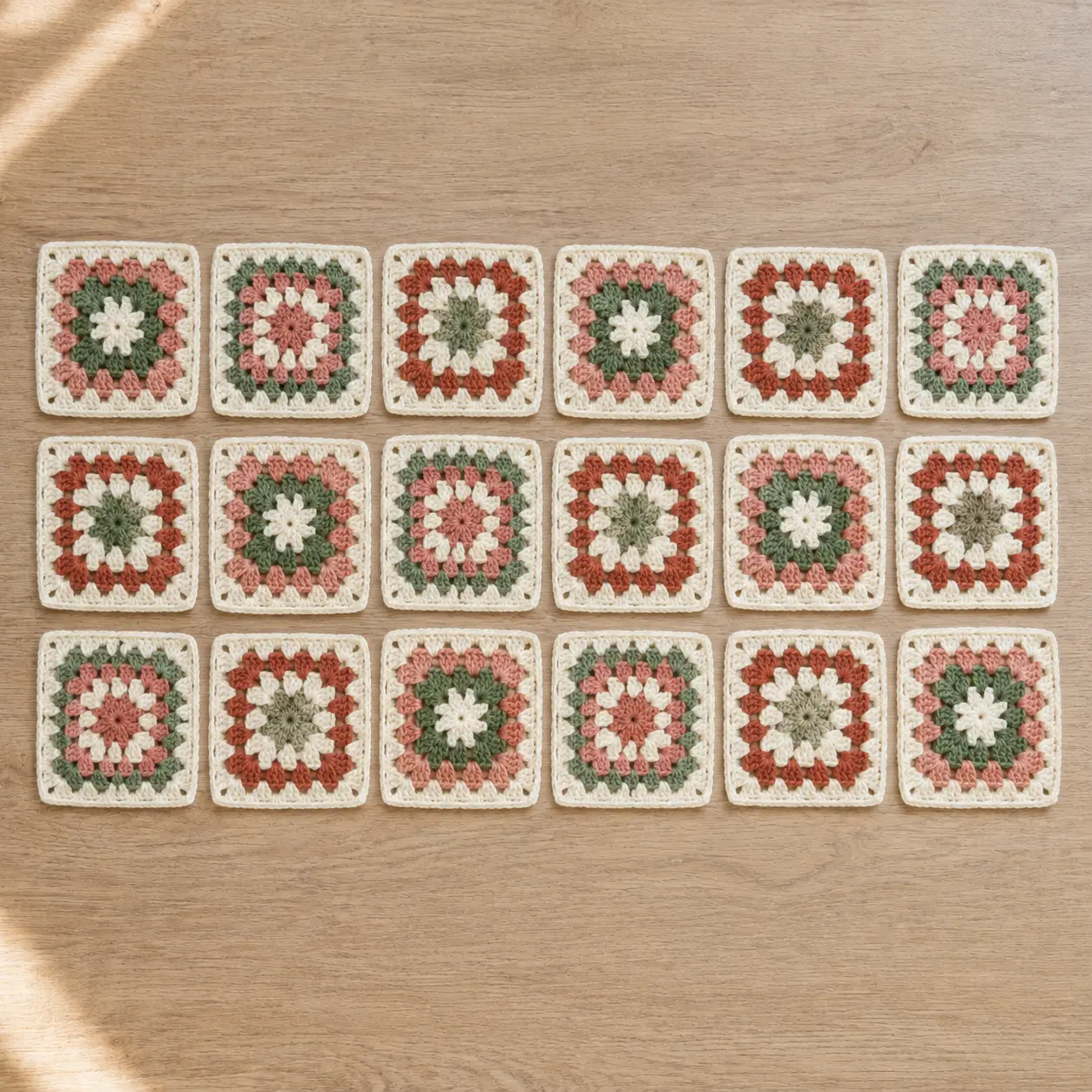 Achtzehn Granny Squares in Creme, Salbeigrün, Altrosa und Terrakotta nach drei Farbfolgen sortiert