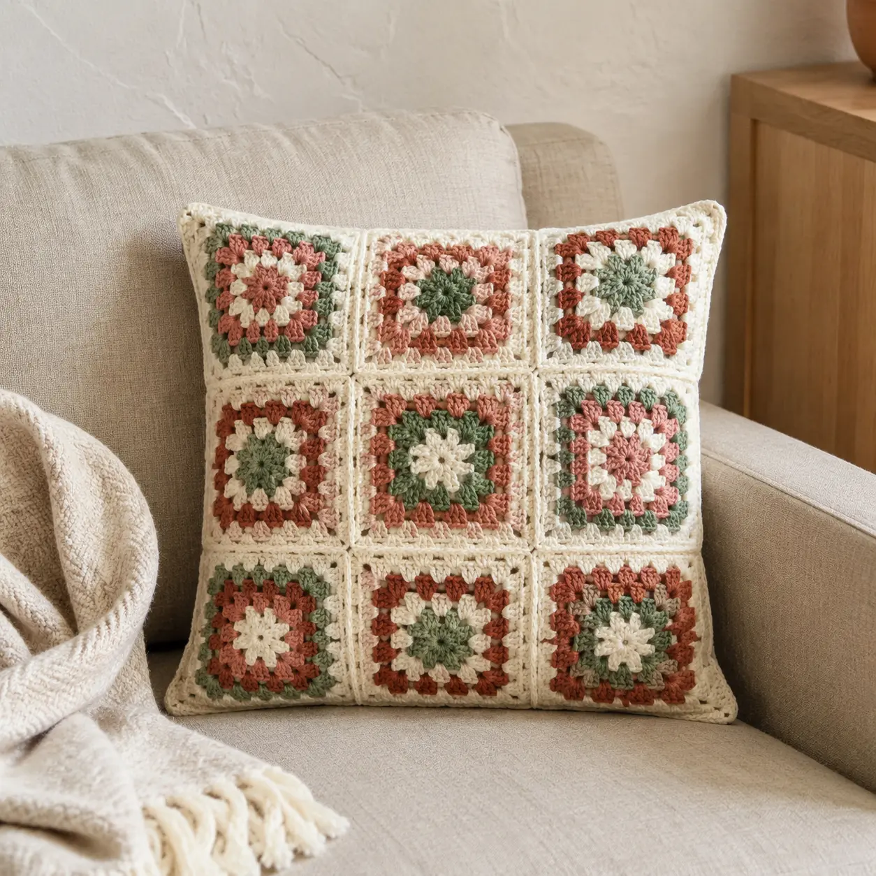 Fertiges Granny-Square-Kissen in Creme, Salbeigrün, Altrosa und Terrakotta auf einem hellen Sofa