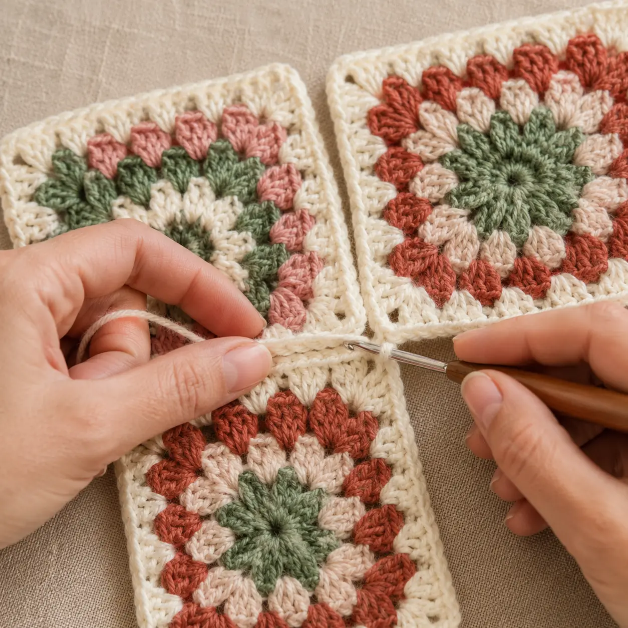 Granny Squares mit cremefarbenem Garn und lockeren Kettmaschen zu einer Kissenfläche verbinden