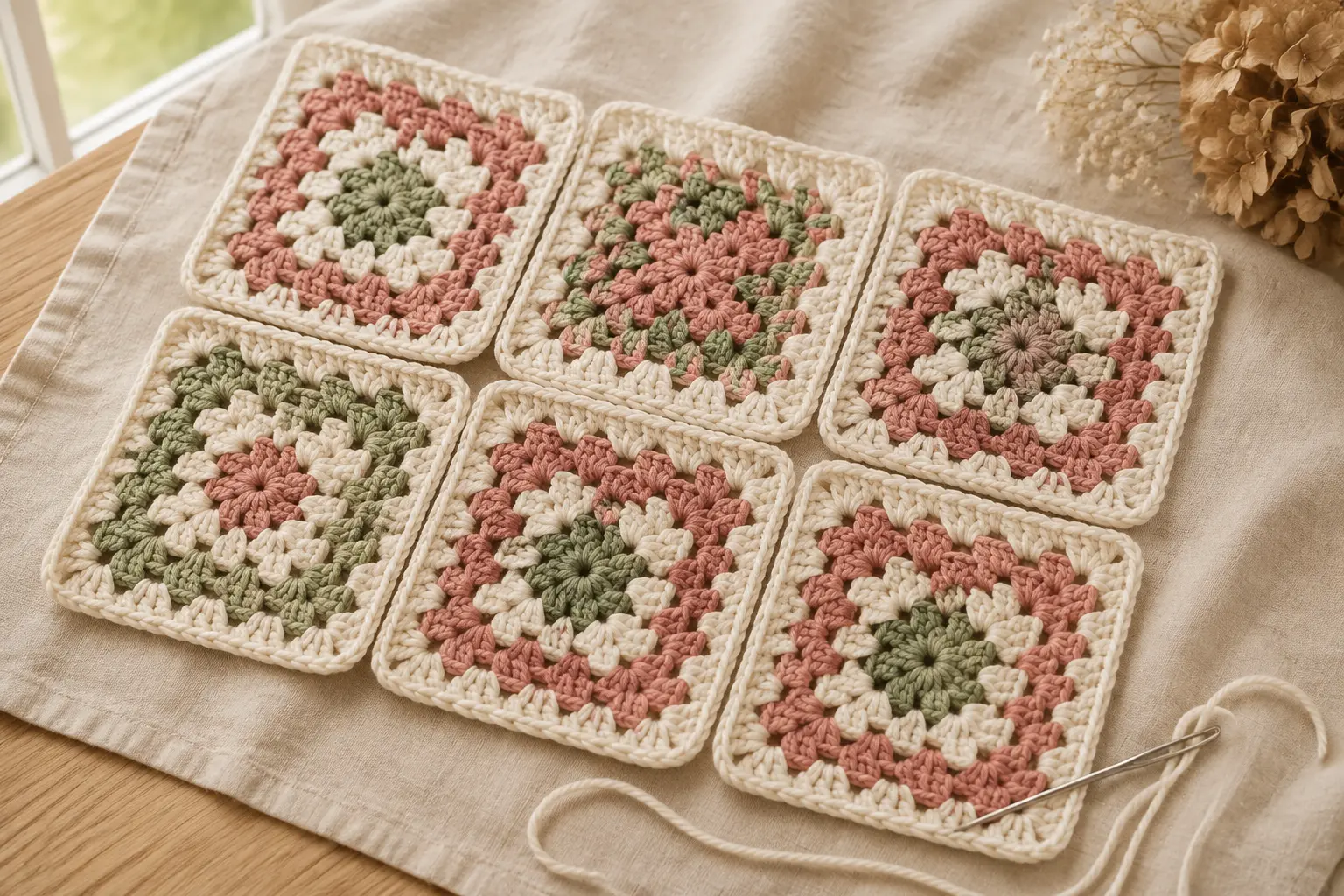 Mehrere Granny Squares vor dem Verbinden