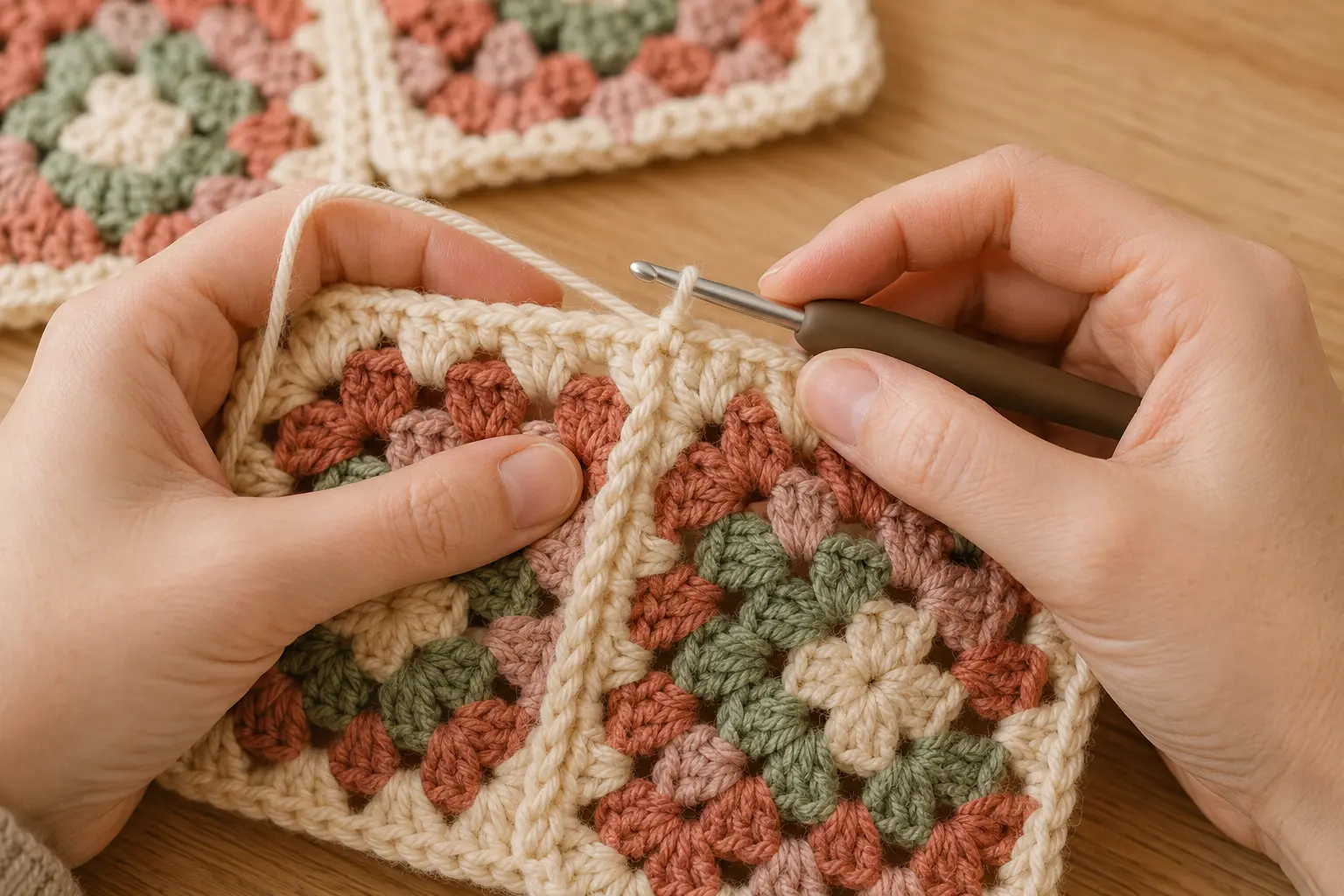 Zwei Granny Squares mit cremefarbenem Garn und Kettmaschen zusammenhäkeln