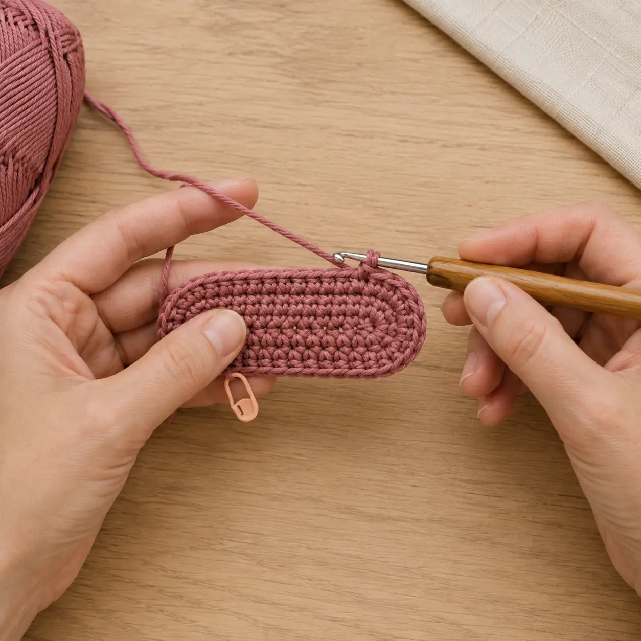 Ovalen Boden einer Handytasche aus einer beidseitig behäkelten Luftmaschenkette arbeiten