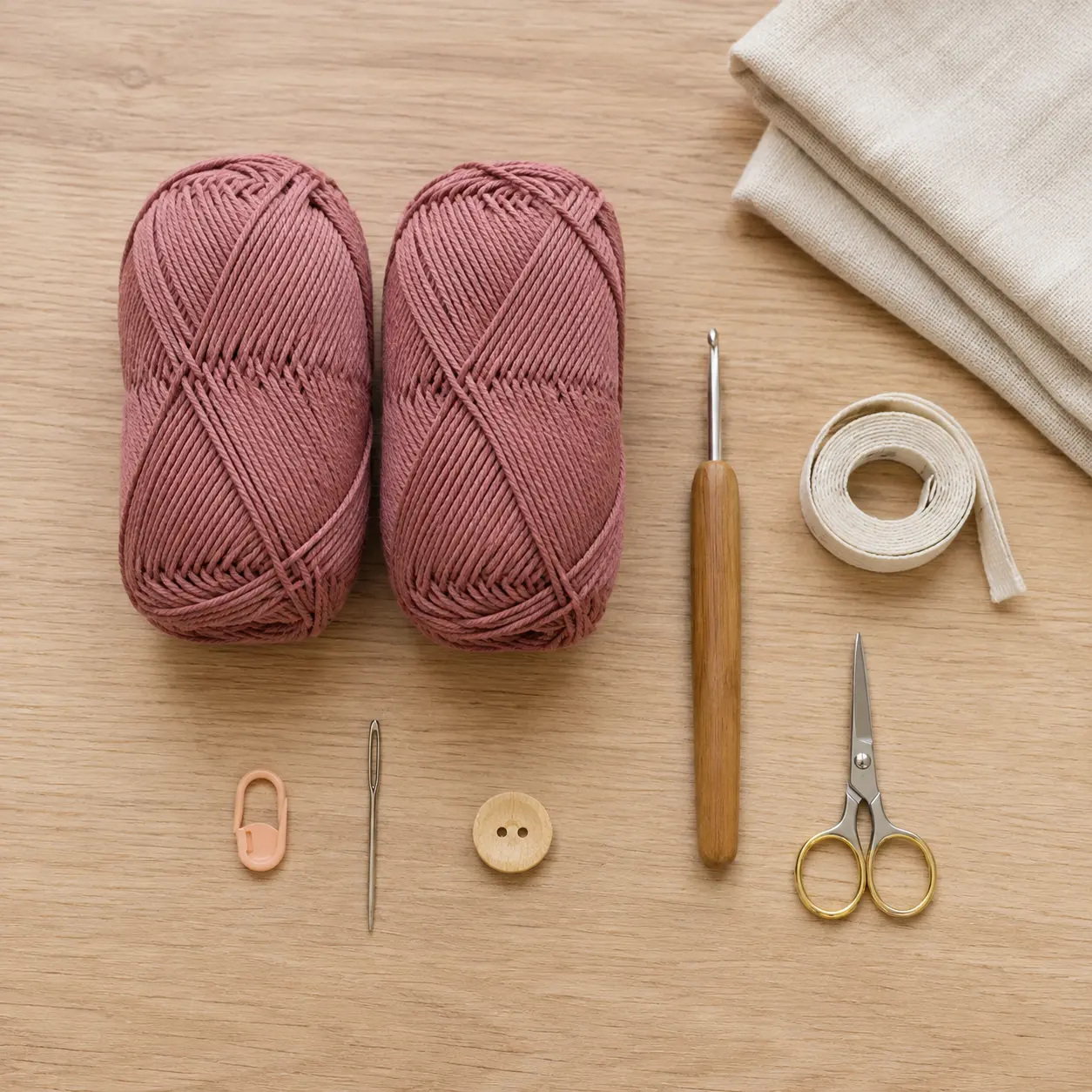 Baumwollgarn, Häkelnadel, Maschenmarkierer, Wollnadel, Schere, Maßband und Holzknopf für eine Handytasche