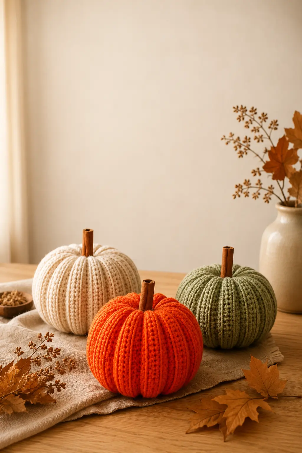 Pinterest-Idee mit drei gehäkelten Kürbissen als moderne Herbstdeko