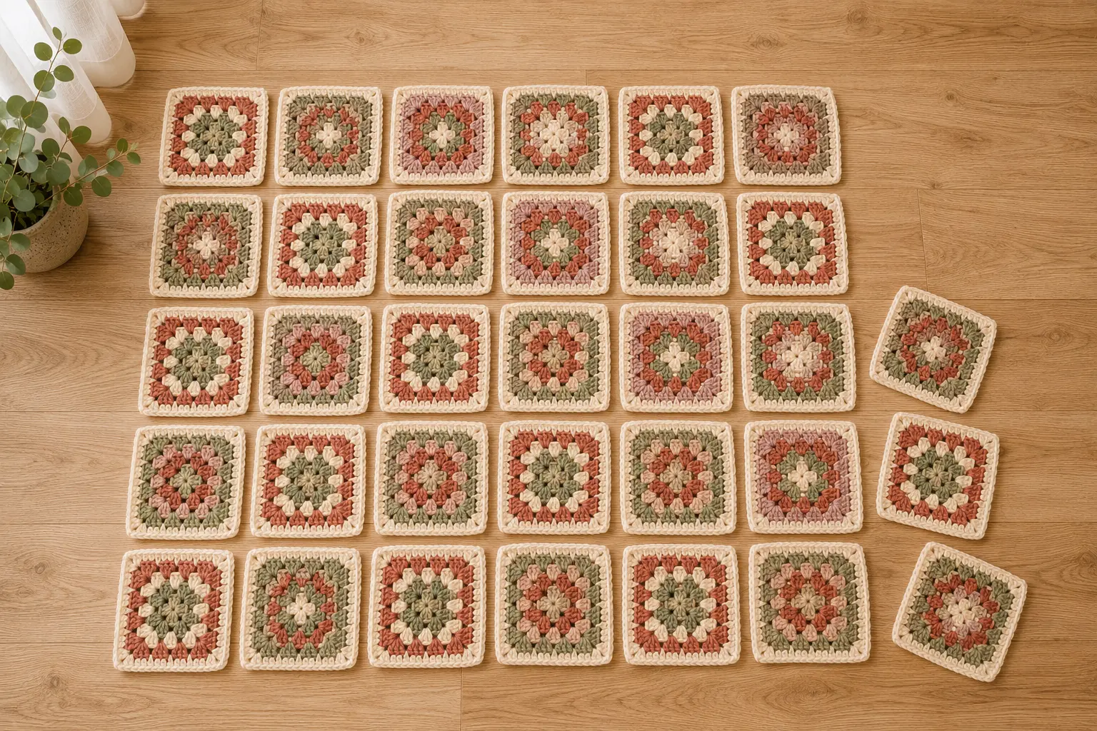 Granny Squares in Creme, Salbeigrün, Altrosa und Terrakotta vor dem Zusammenhäkeln anordnen