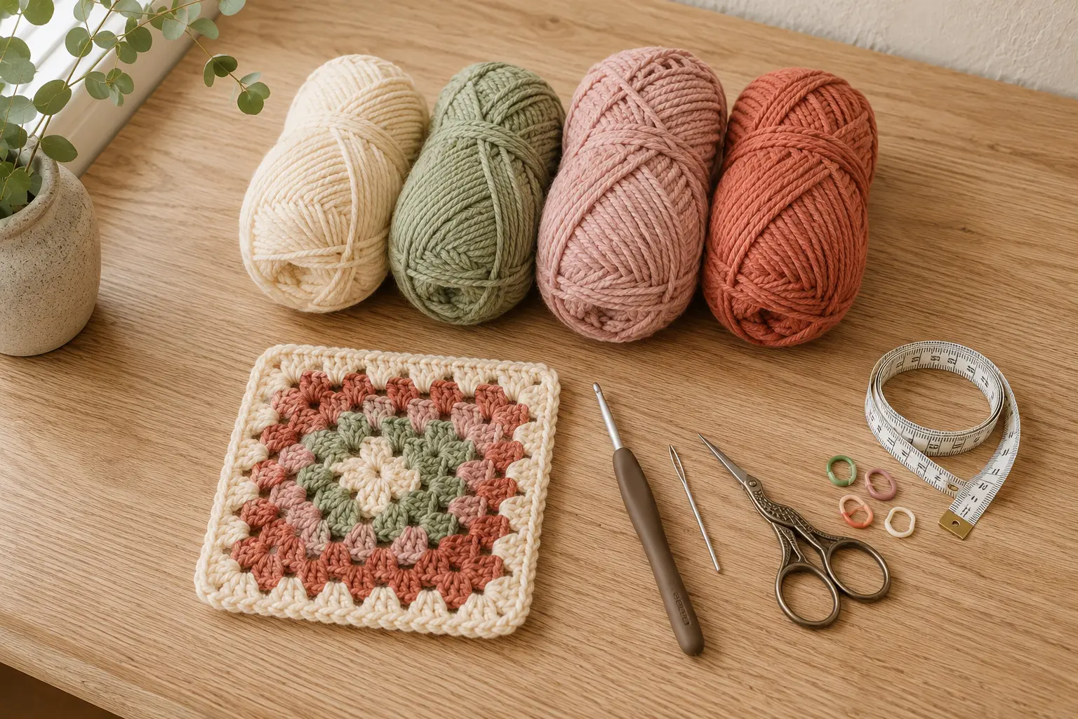Garn in Creme, Salbeigrün, Altrosa und Terrakotta mit Häkelnadel, Wollnadel, Schere und Maßband