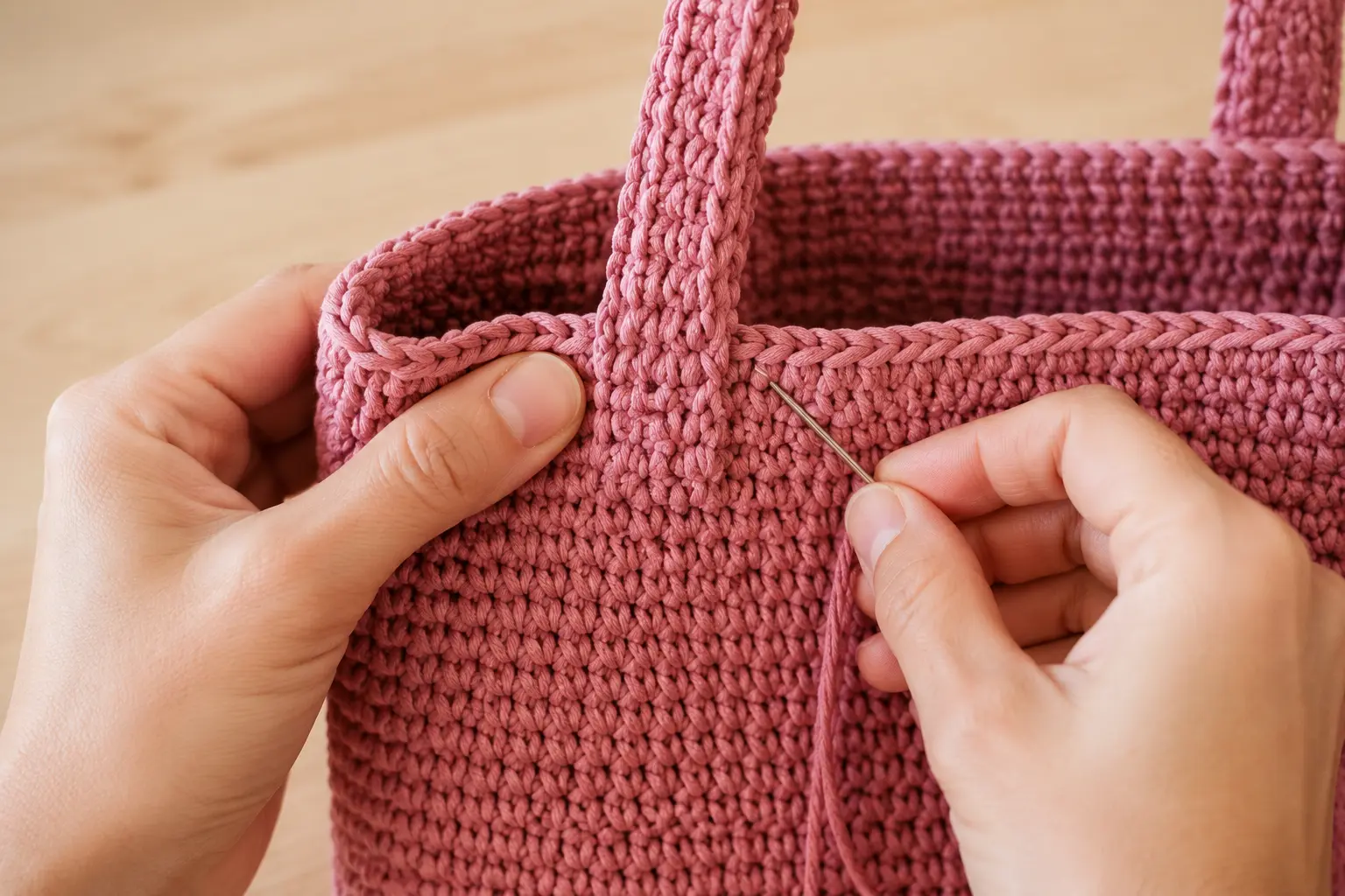 Gehäkelten Henkel mit Wollnadel sicher an der Tasche annähen