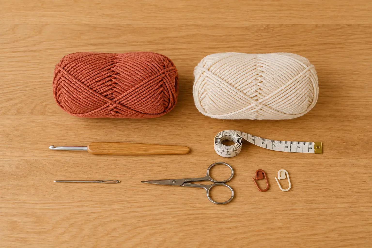 Baumwollgarn in Terrakotta und Creme mit Häkelnadel, Schere, Wollnadel, Maßband und Maschenmarkierern