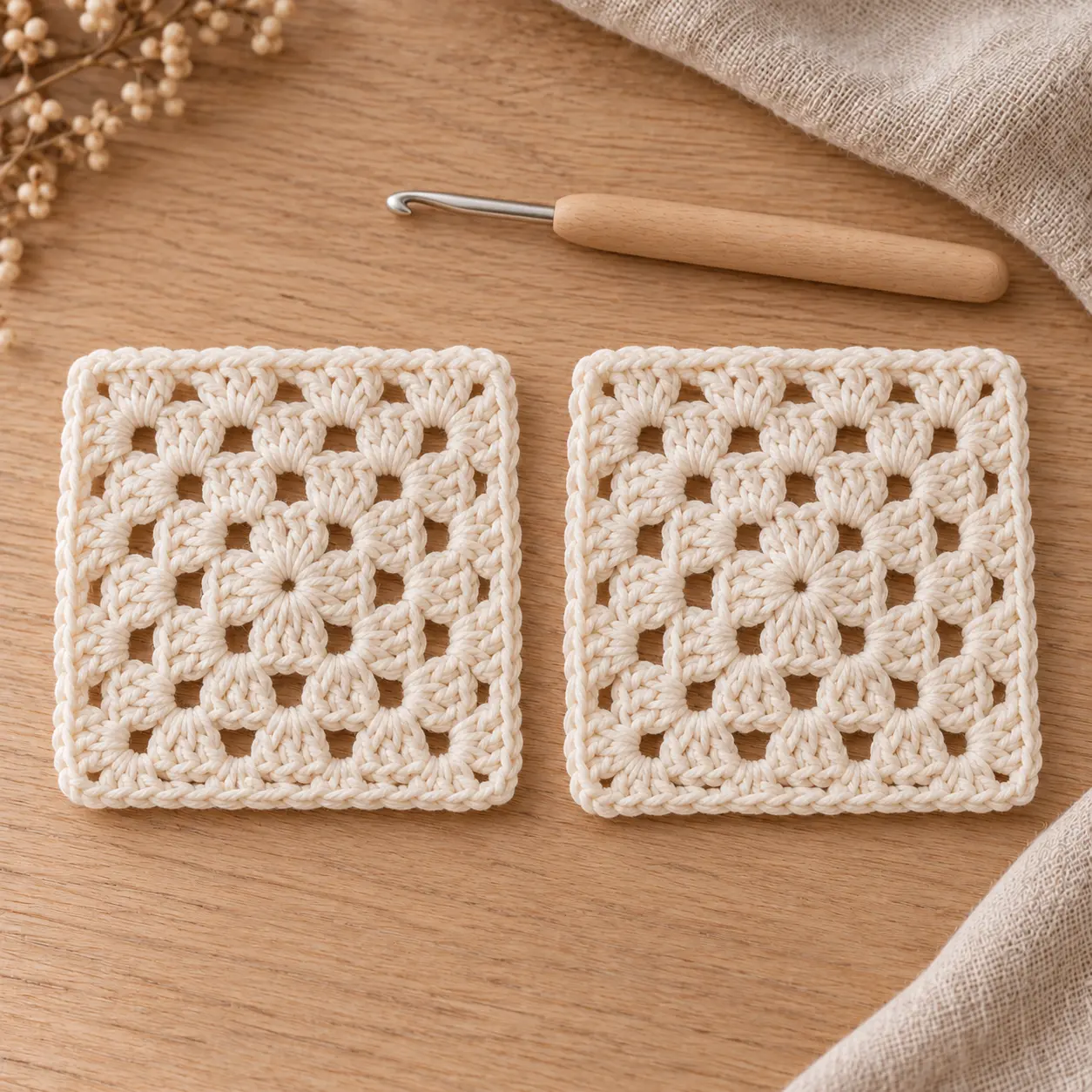 Zwei gleich große Granny Squares zum Engel häkeln nach jeweils vier Runden