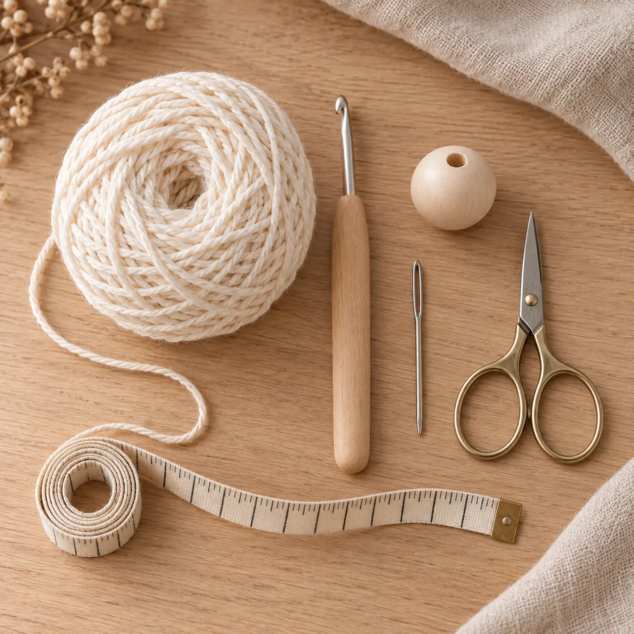 Material zum Engel häkeln mit Baumwollgarn, Häkelnadel, Holzperle, Wollnadel und Schere