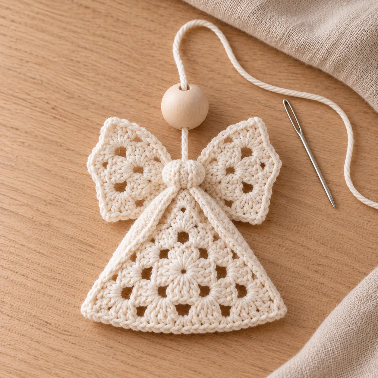 Gehäkelten Weihnachtsengel mit Holzperle, Flügeln und Aufhängeschlaufe zusammensetzen