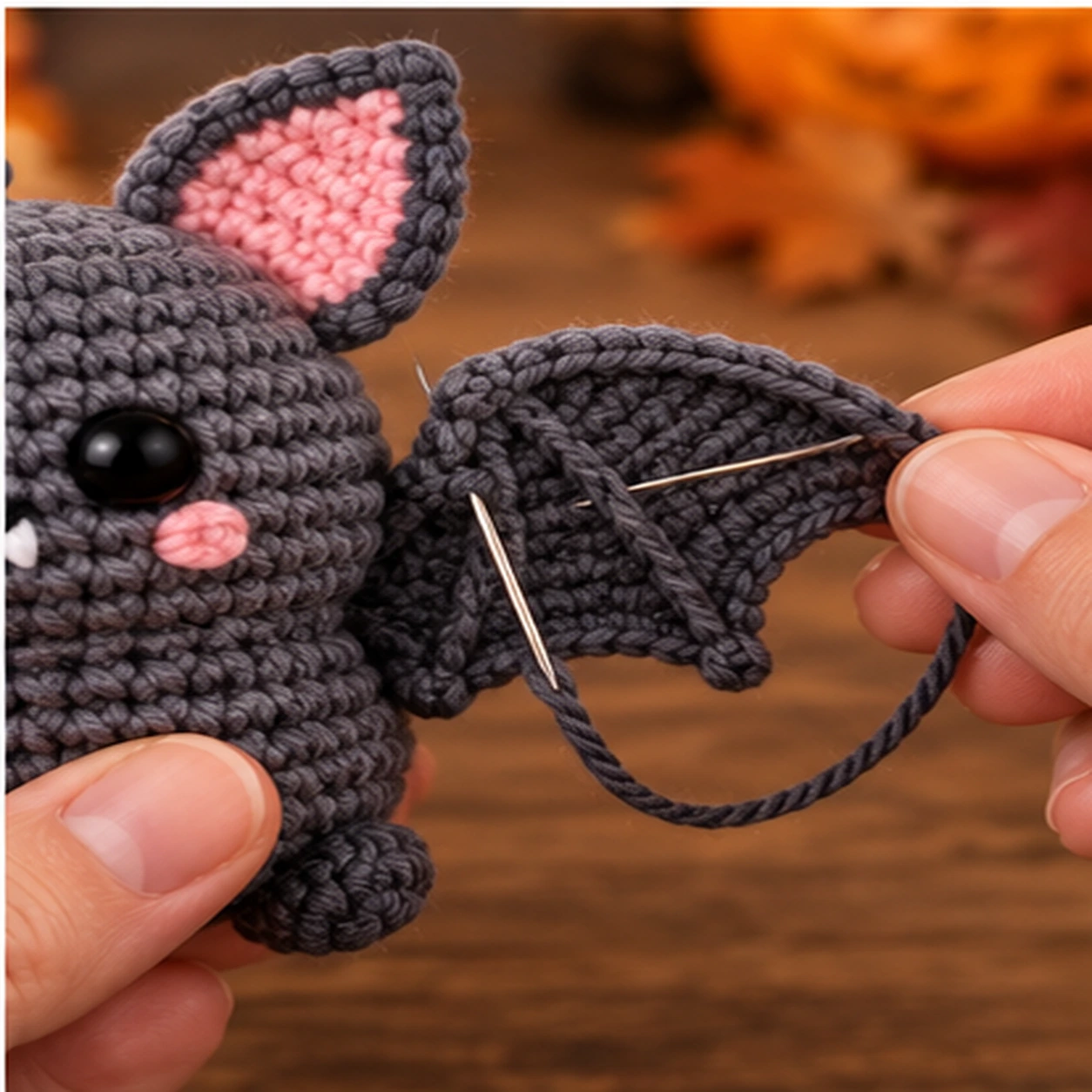Gehäkelte Fledermaus mit zwei angenähten Flügeln und gesticktem Halloween-Gesicht fertigstellen