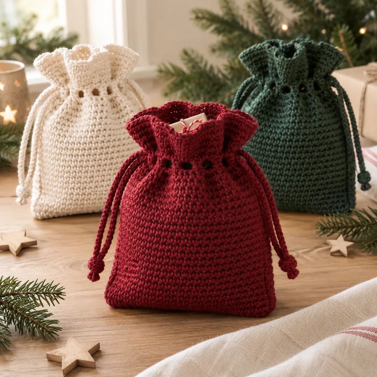Drei gehäkelte Geschenksäckchen in Creme, Dunkelrot und Tannengrün mit Zugband und kleinen Weihnachtsgeschenken