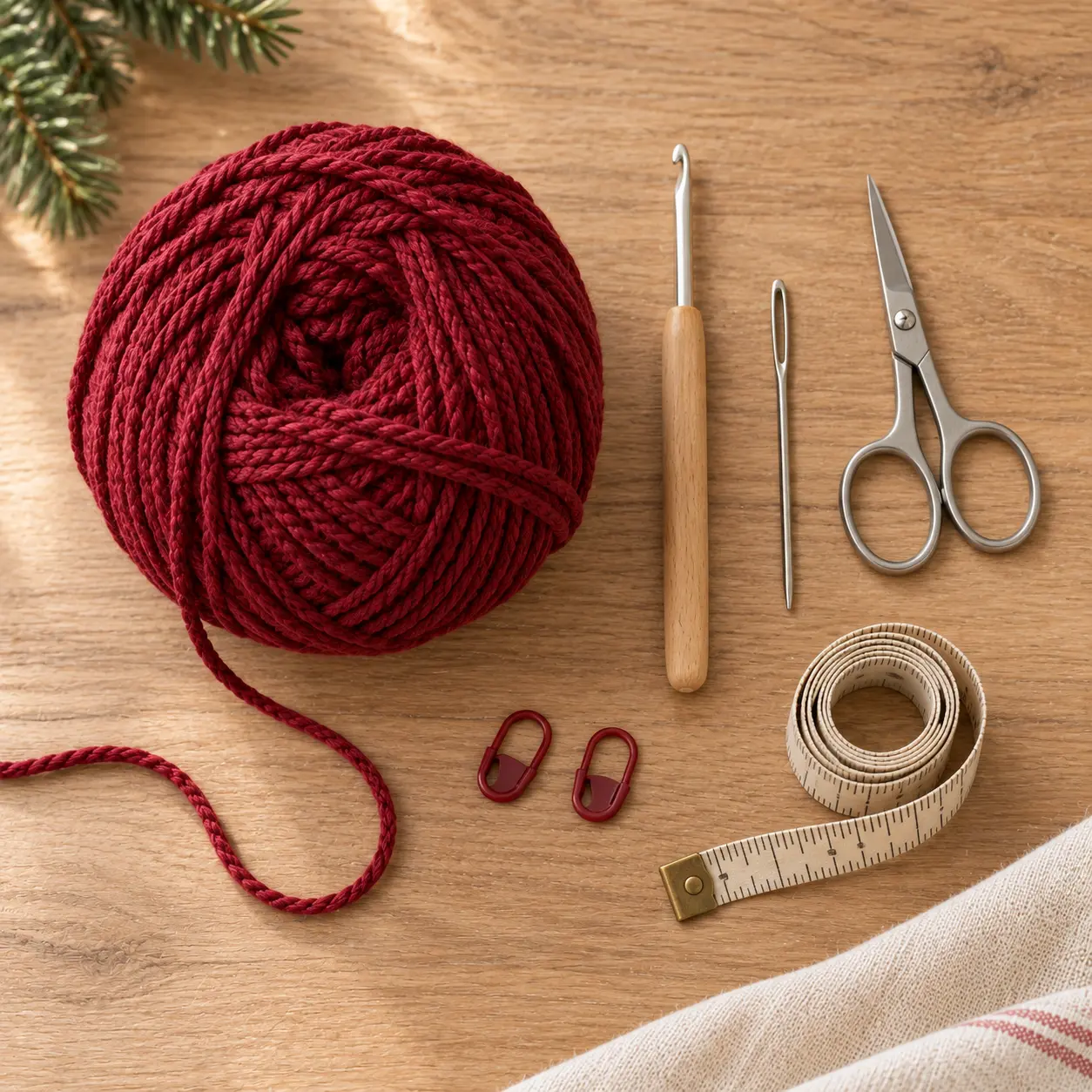 Baumwollgarn in Dunkelrot, Häkelnadel, Wollnadel, Schere und Maßband für ein Geschenksäckchen