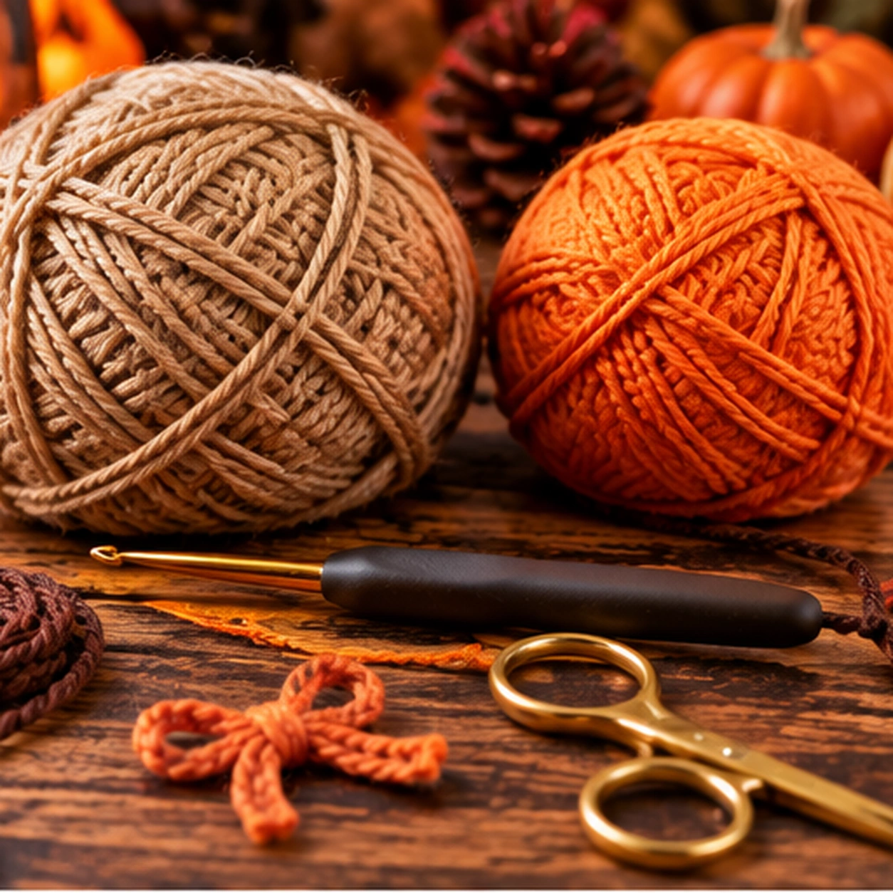 Material zum Hexenbesen häkeln mit braunem Garn, naturfarbenem Garn, orangefarbenem Garn, Häkelnadel und Schere
