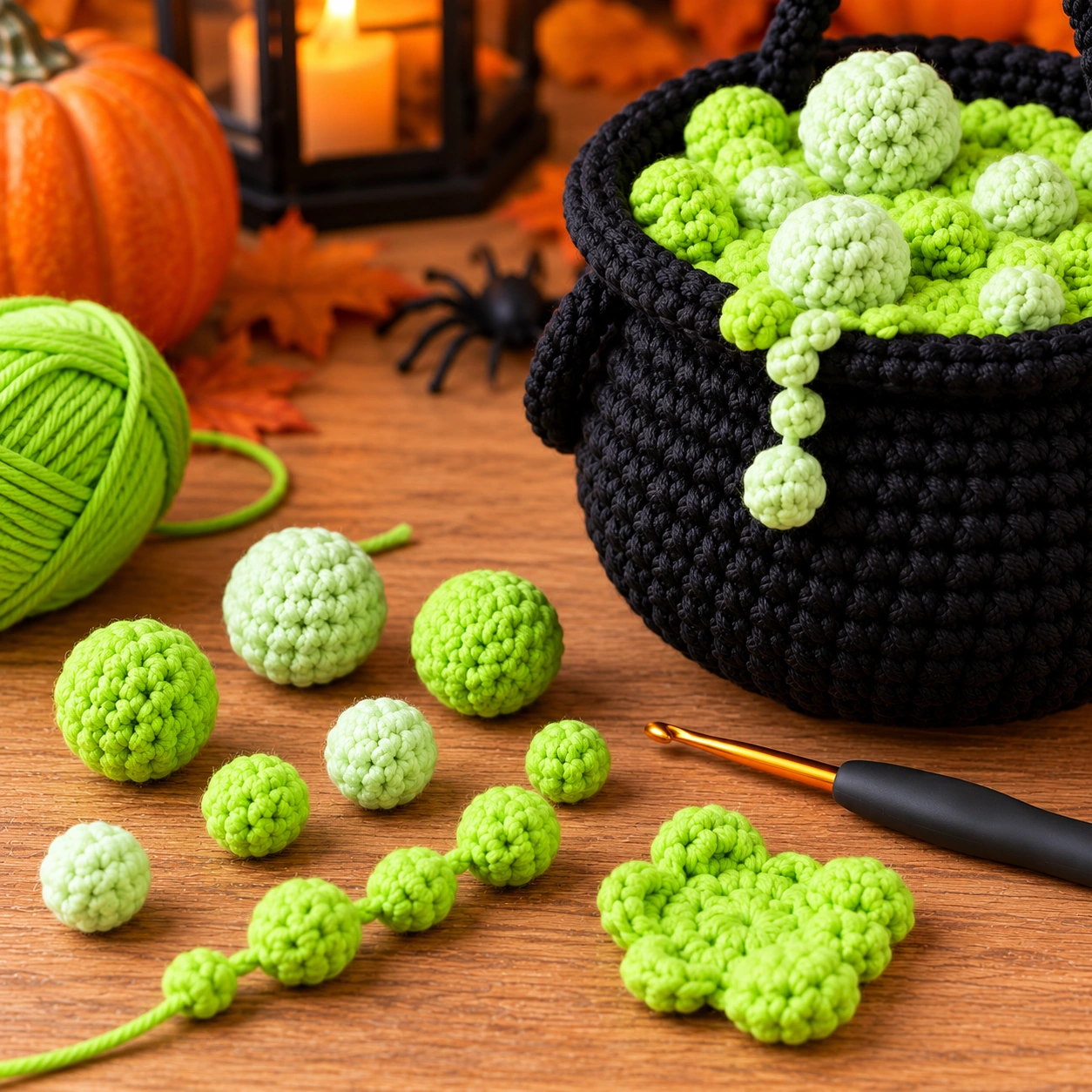 Grünen Zaubertrank-Kreis und drei bunte gehäkelte Blubberblasen in einem schwarzen Halloween-Hexenkessel befestigen