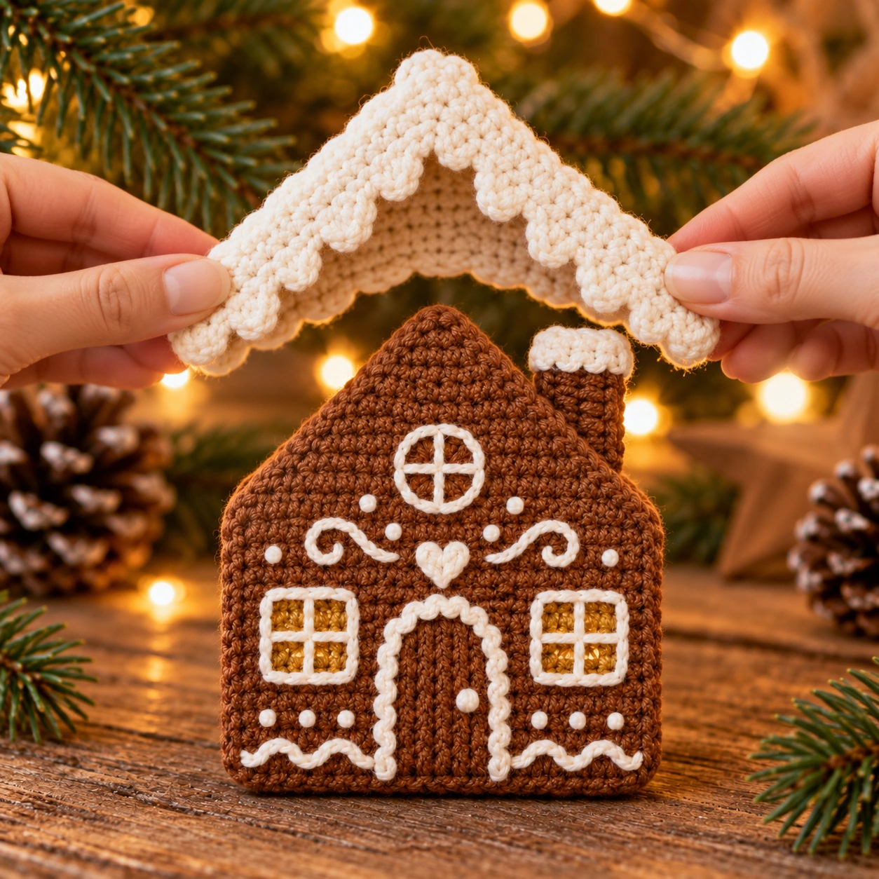 Weißes gehäkeltes Dachteil für ein braunes Lebkuchenhaus