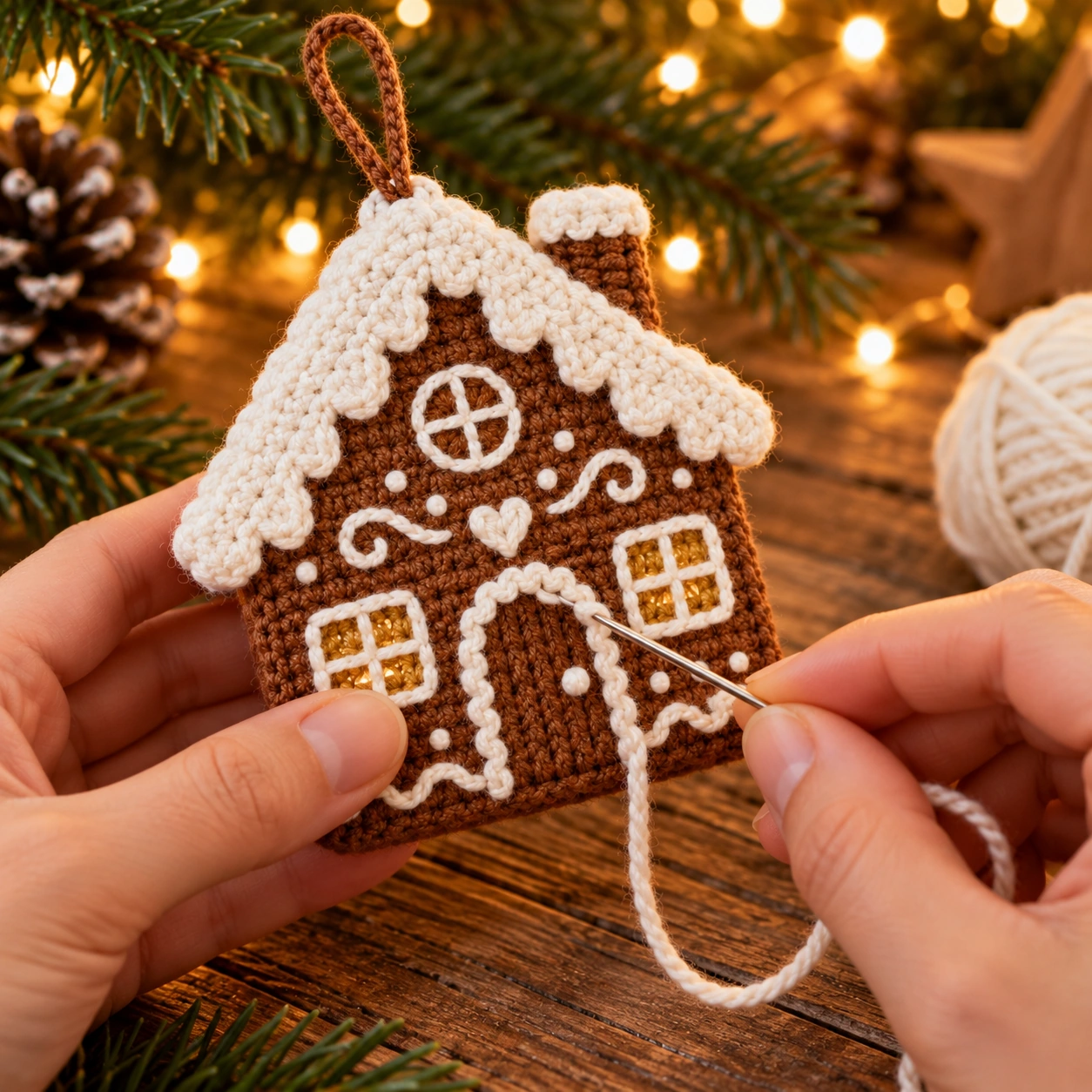 Gehäkeltes Lebkuchenhaus mit Tür, Fenstern und weißen Zuckergusslinien verzieren
