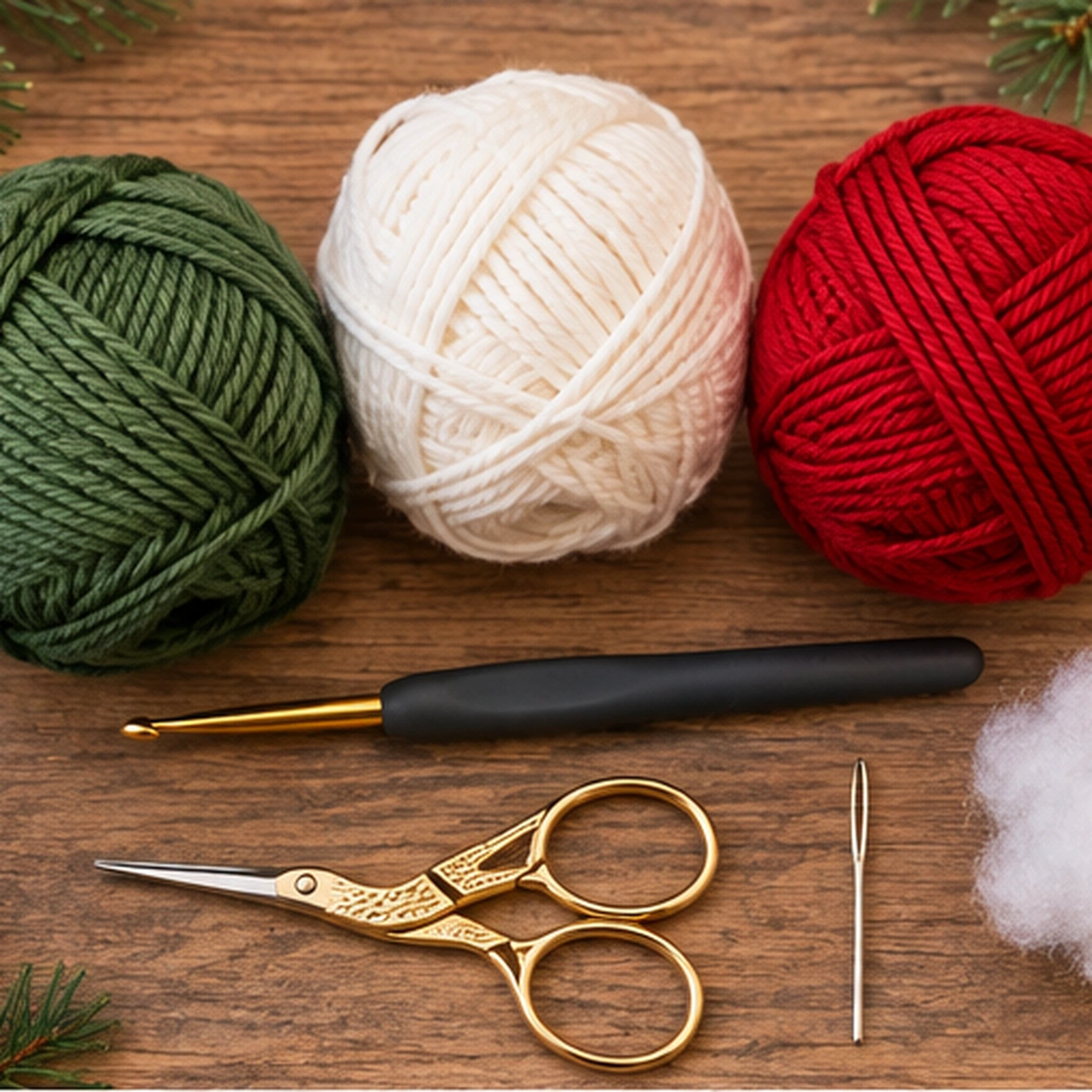 Material zum Mistelzweig häkeln mit grünem und weißem Garn, Häkelnadel, Wollnadel, Schere und wenig Füllwatte