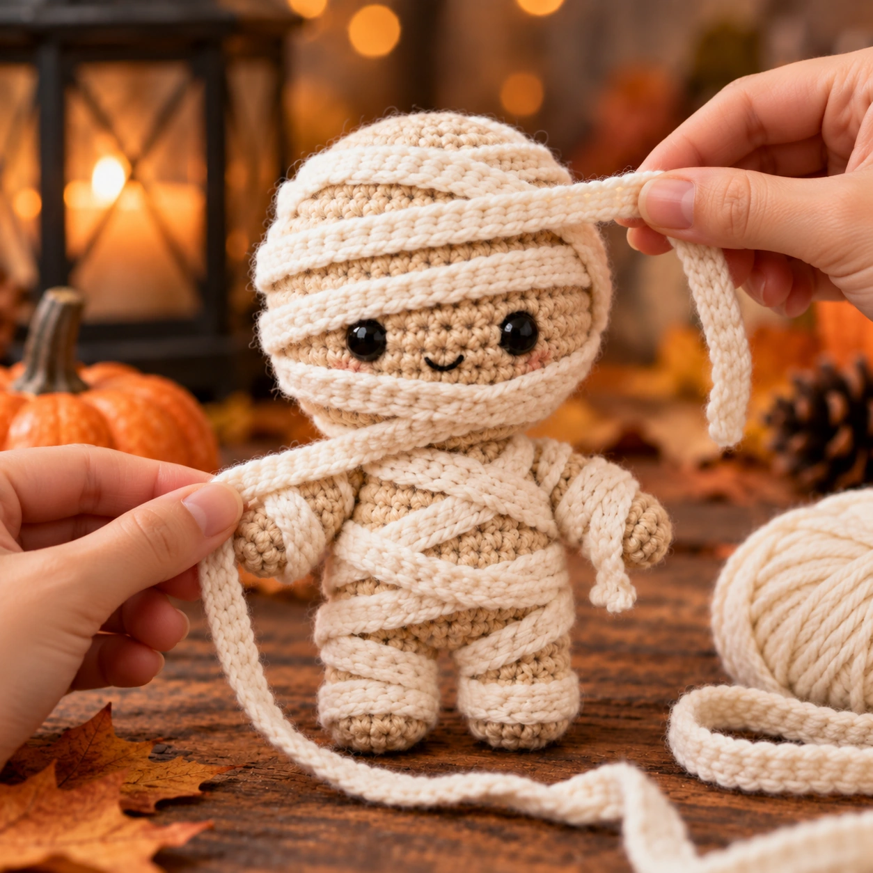 Cremefarbene gehäkelte Bandagen werden locker um den Körper einer kleinen Halloween-Mumie gelegt