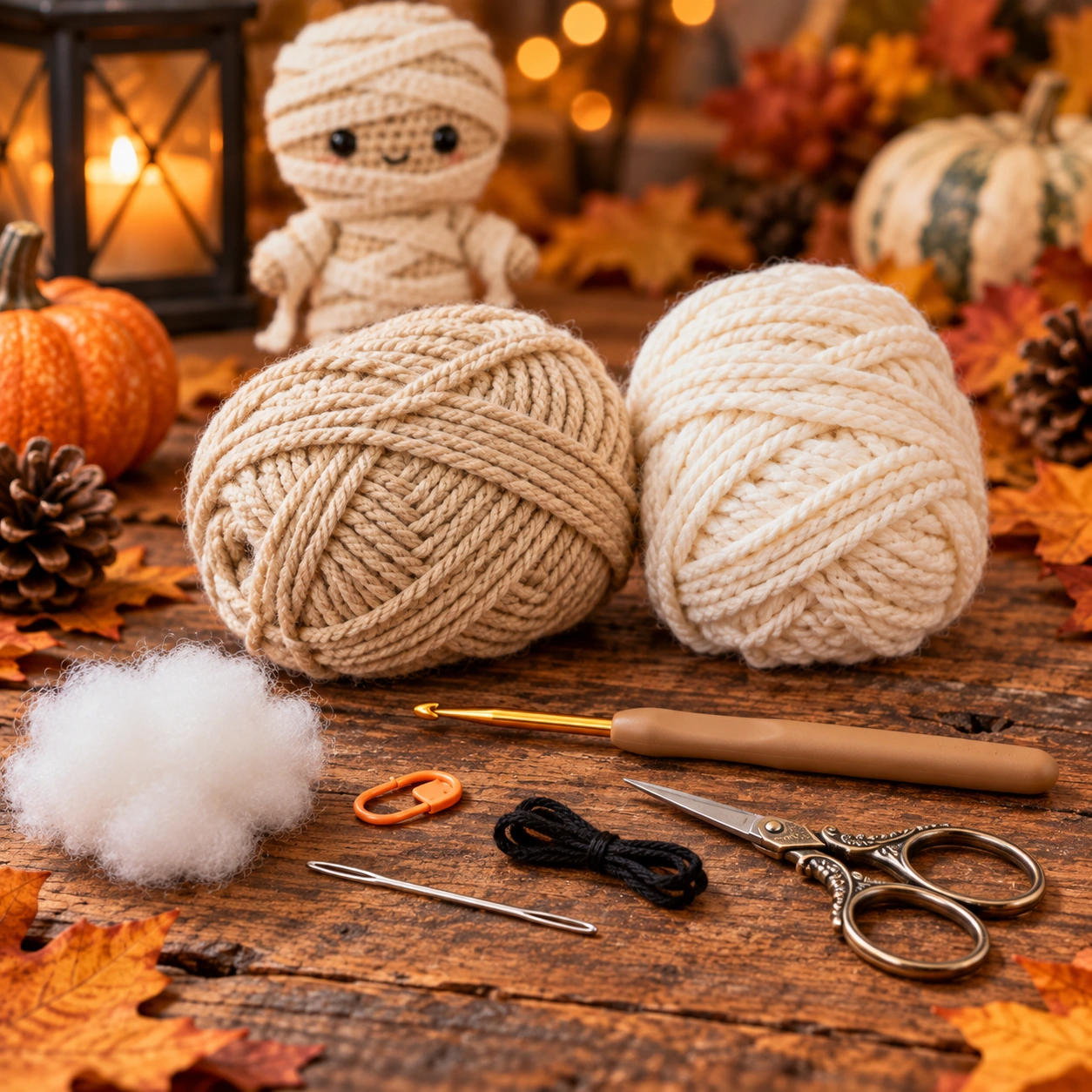 Material zum Mumie häkeln mit beigem Garn, cremefarbenem Garn, Häkelnadel, Füllwatte, Wollnadel und Schere