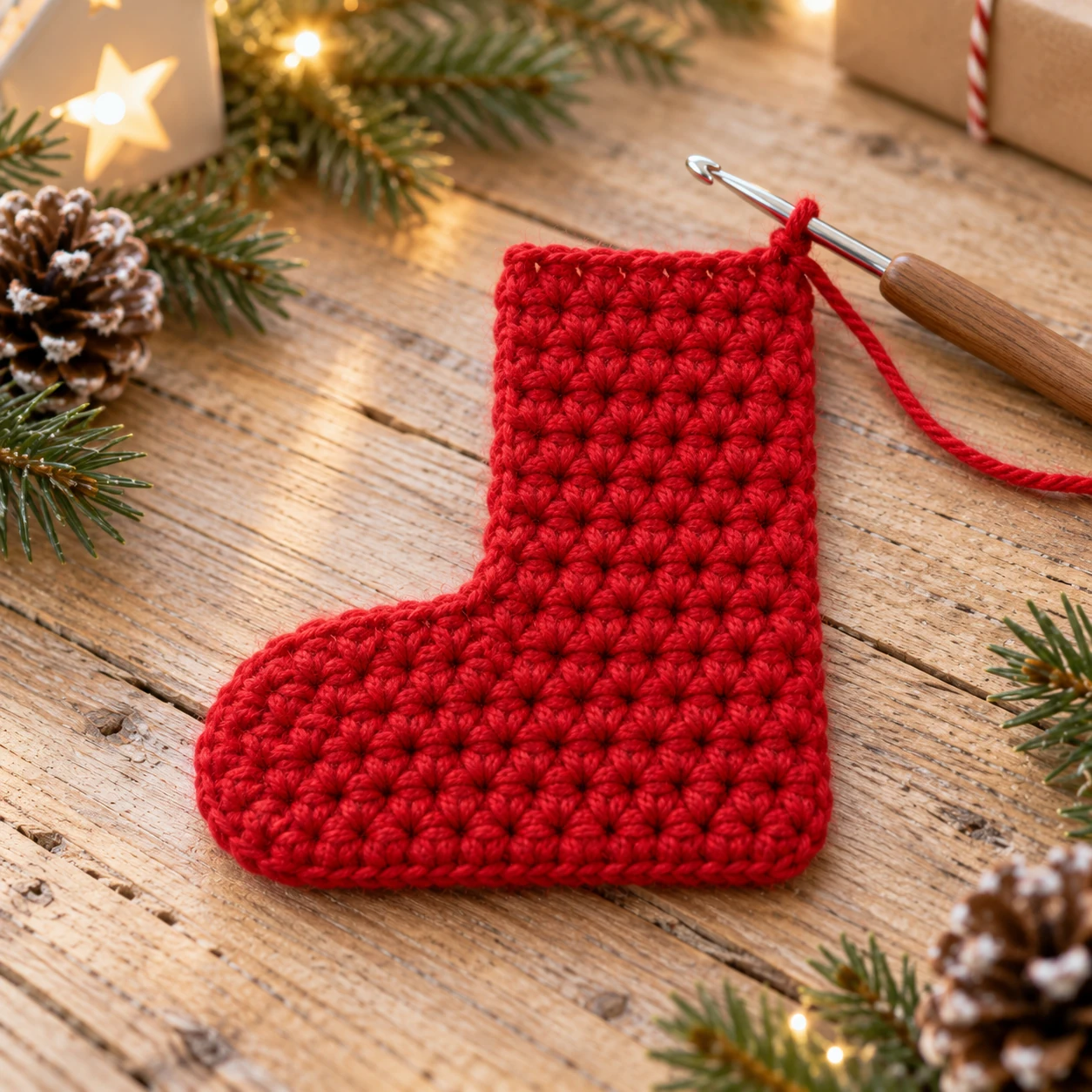 Rotes flaches Seitenteil für einen gehäkelten Nikolausstiefel mit geradem Schaft und verlängertem Fuß