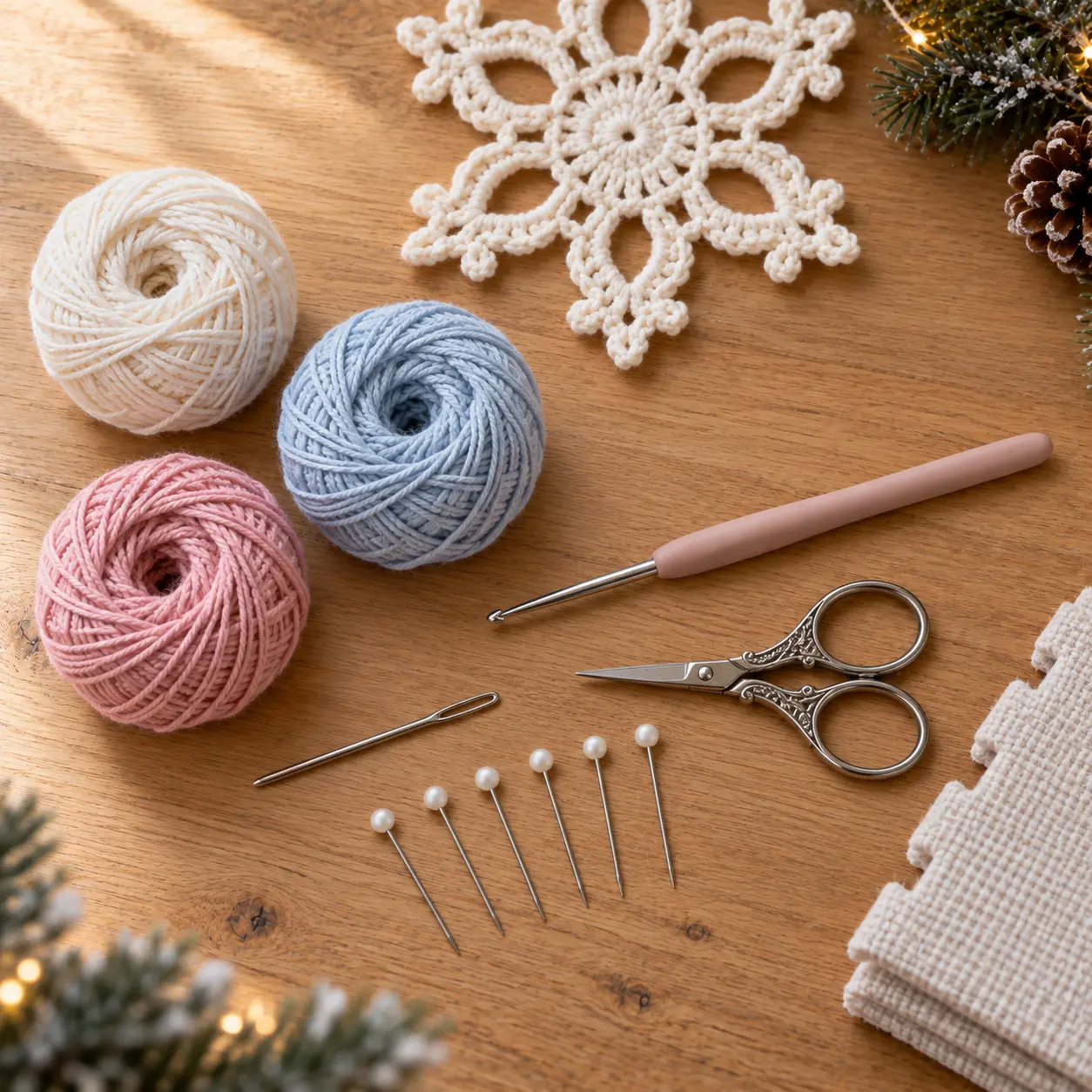 Material zum Schneeflocken häkeln mit Baumwollgarn, Häkelnadel, Schere, Wollnadel und Stecknadeln