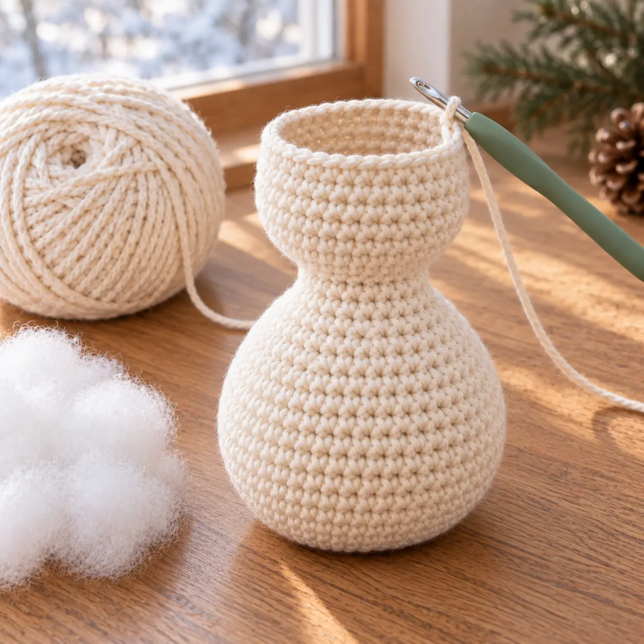 Beim Schneemann häkeln den gefüllten Bauch verengen und den Kopf direkt am Hals beginnen
