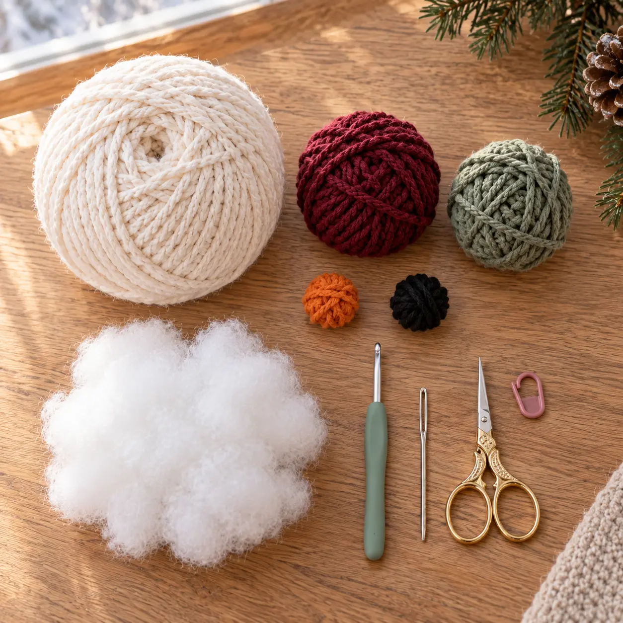 Material zum Schneemann häkeln mit weißem Garn, Farbresten, Häkelnadel und Füllwatte