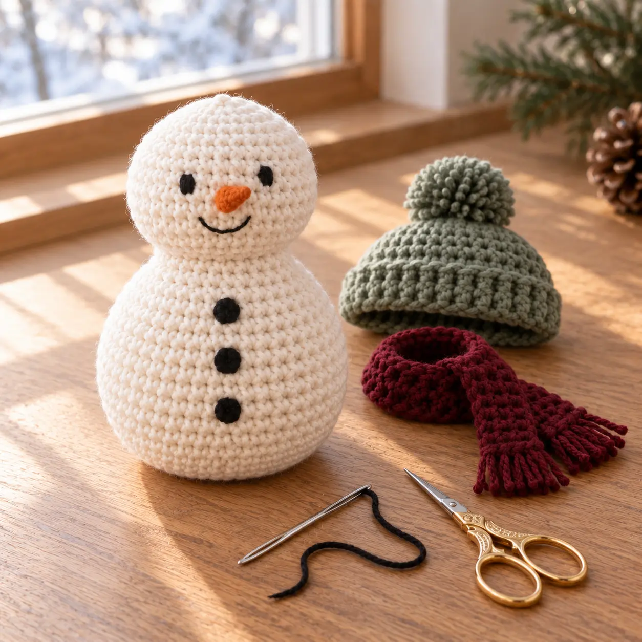 Fertigen Schneemann häkeln, Kopf schließen und Gesicht, Schal sowie Mütze dekorieren