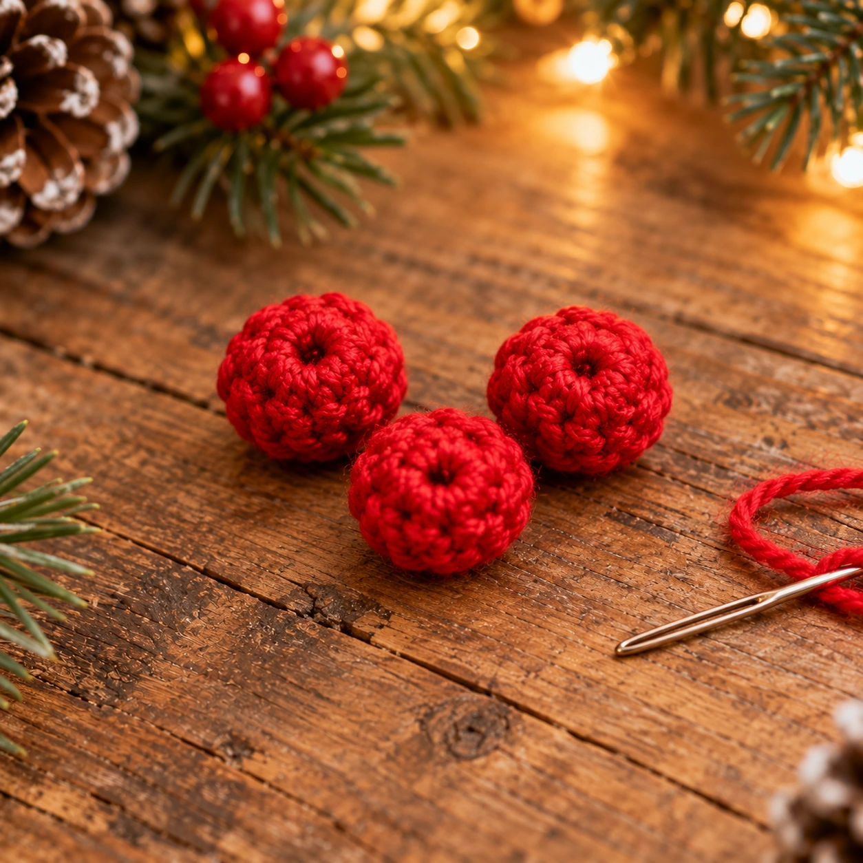 Drei kleine rote gehäkelte Beeren für eine Weihnachts-Steckpalme
