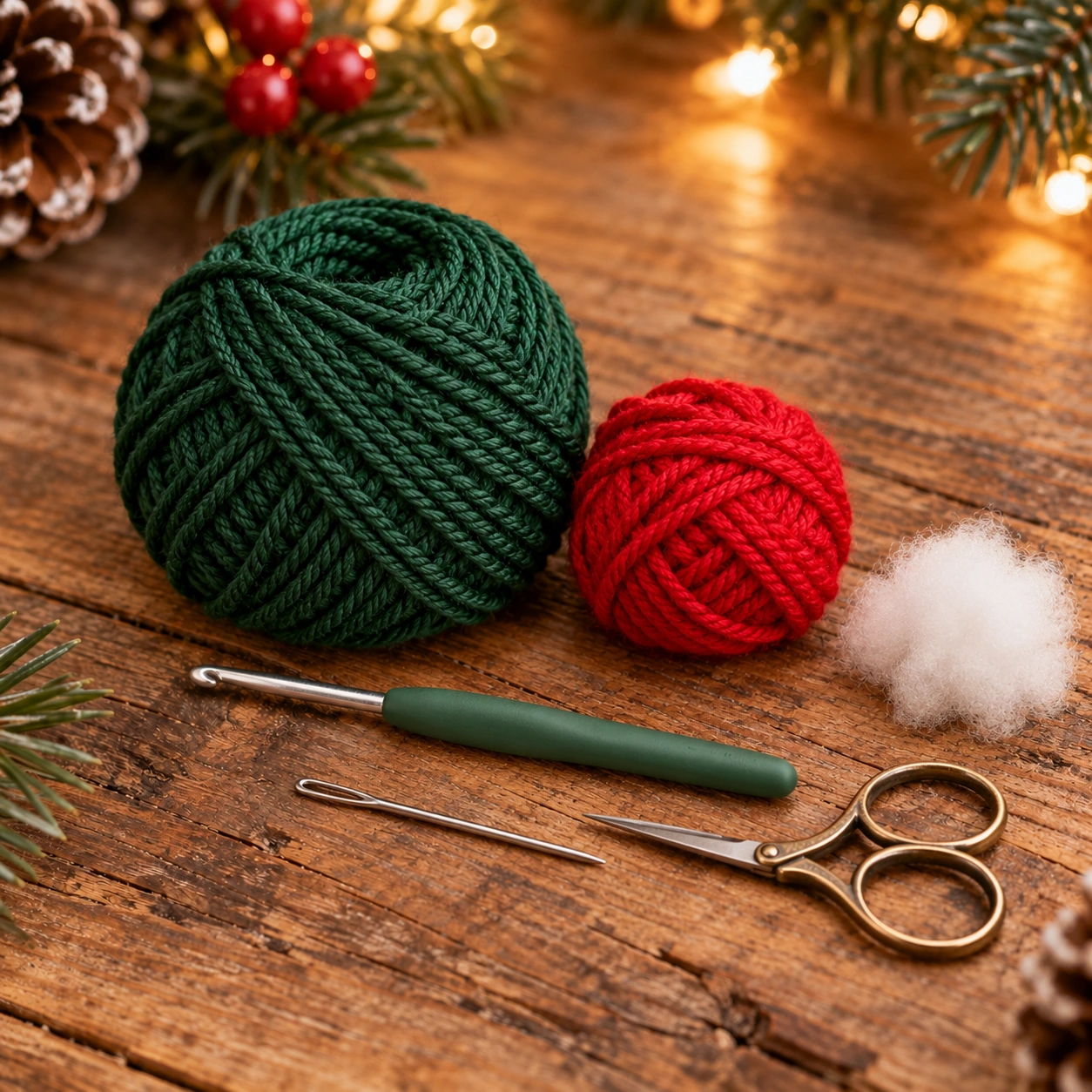 Material zum Stechpalme häkeln mit dunkelgrünem und rotem Garn, Häkelnadel, Wollnadel und Schere