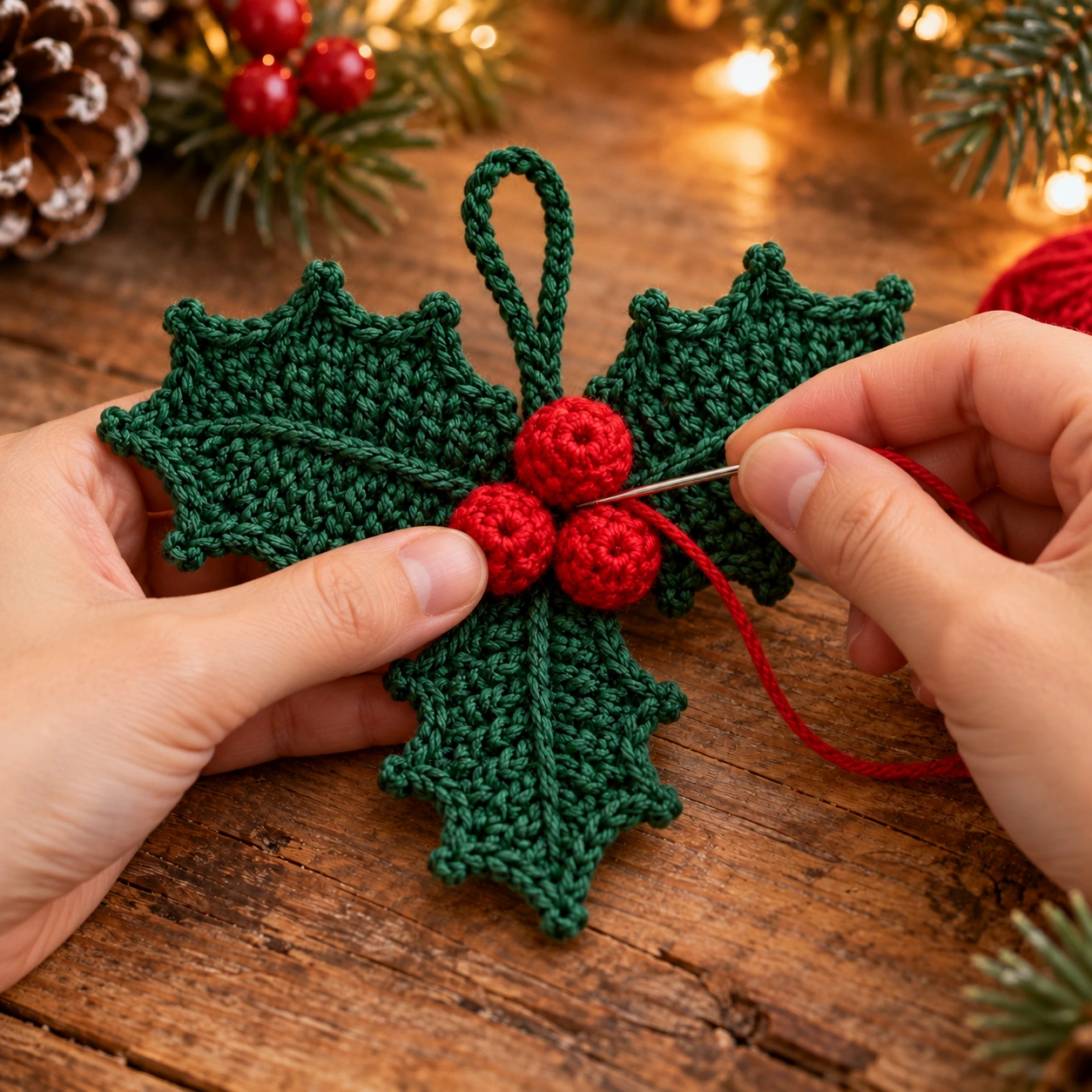 Gehäkelte Stechpalmenblätter und rote Beeren zu einem Weihnachtsanhänger zusammennähen