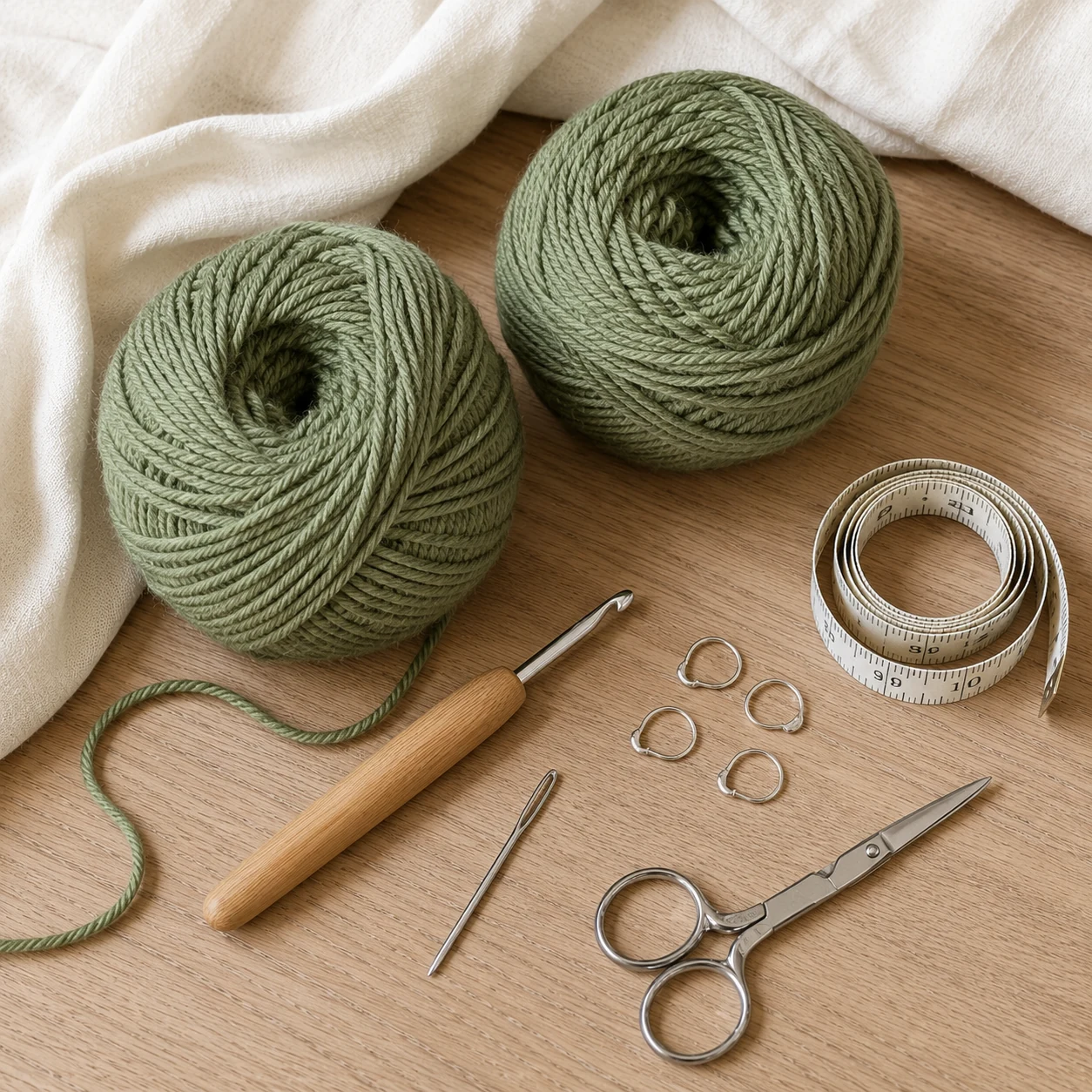 Salbeigrünes Garn, Häkelnadel, Wollnadel, Maßband, Schere und Maschenmarkierer für Handstulpen