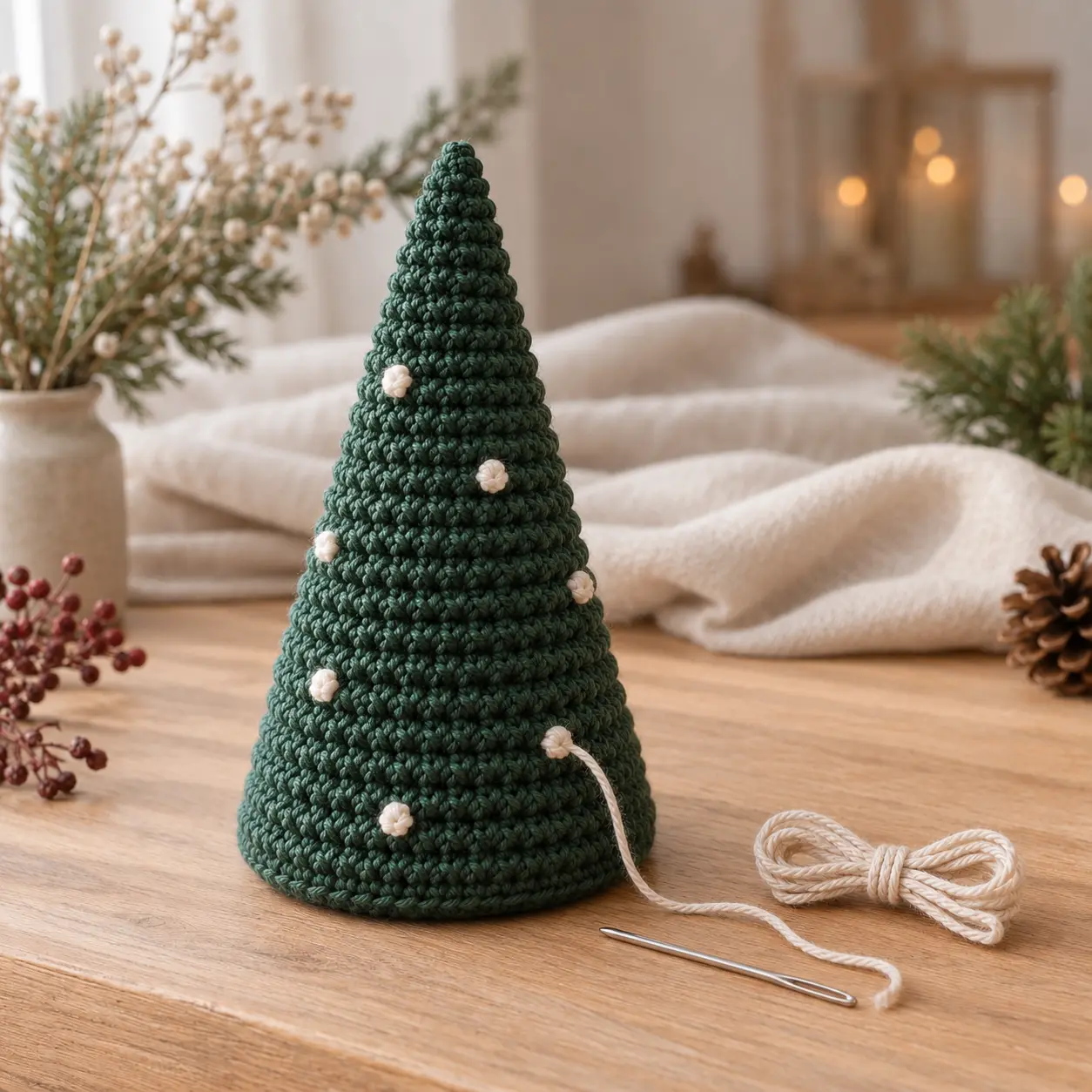 Gehäkelten Tannenbaum mit cremefarbenen Stickpunkten, kleiner Schleife und Holzstern dekorieren