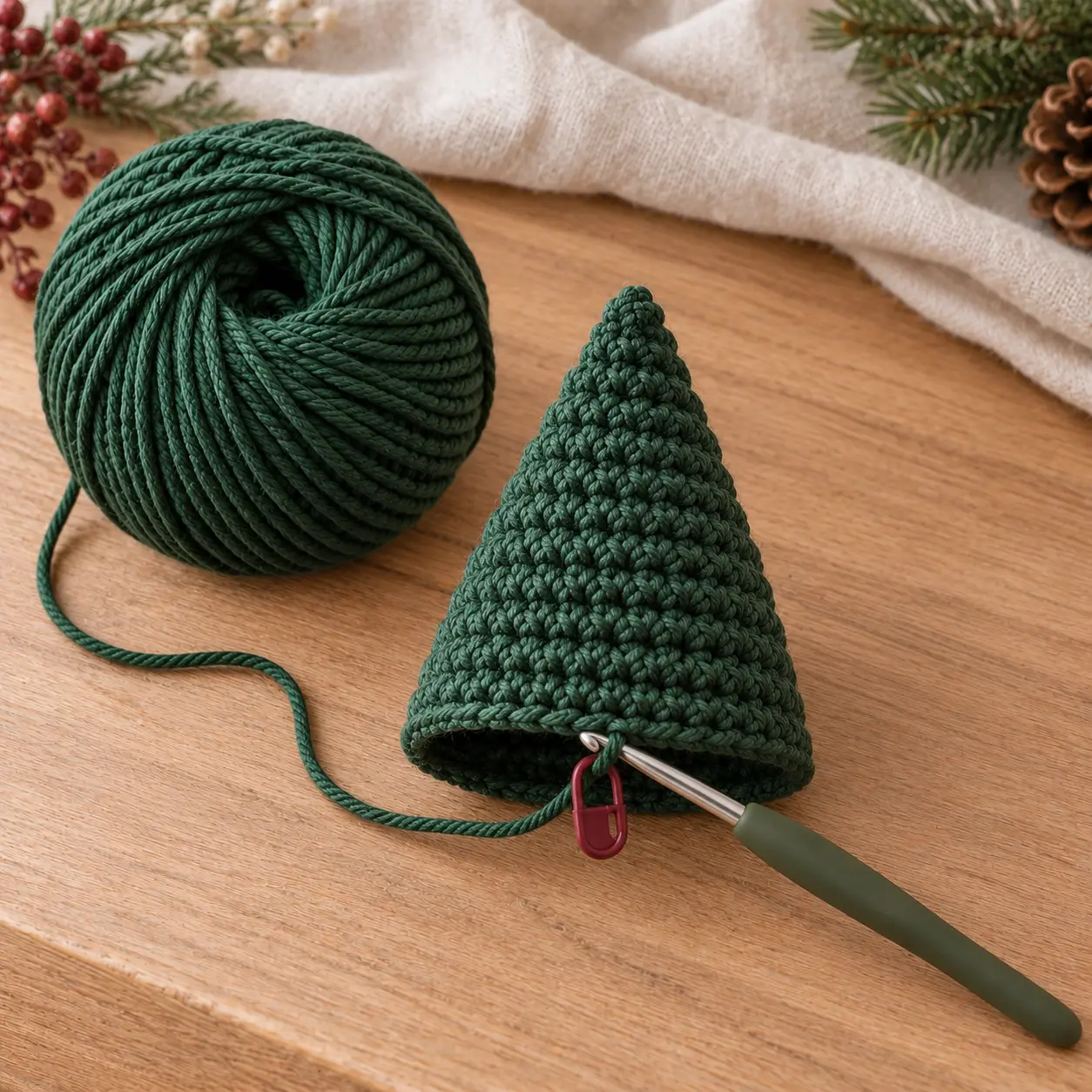 Grünen Kegel in Spiralrunden mit gleichmäßigen Zunahmen für einen gehäkelten Tannenbaum
