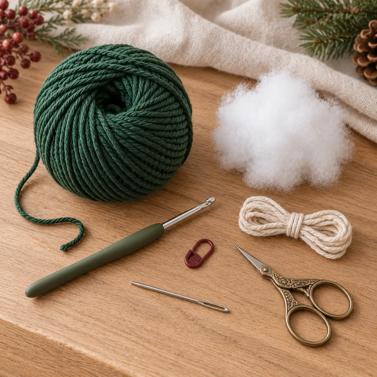 Material zum Tannenbaum häkeln mit Baumwollgarn, Häkelnadel, Füllwatte, Maschenmarkierer und Wollnadel