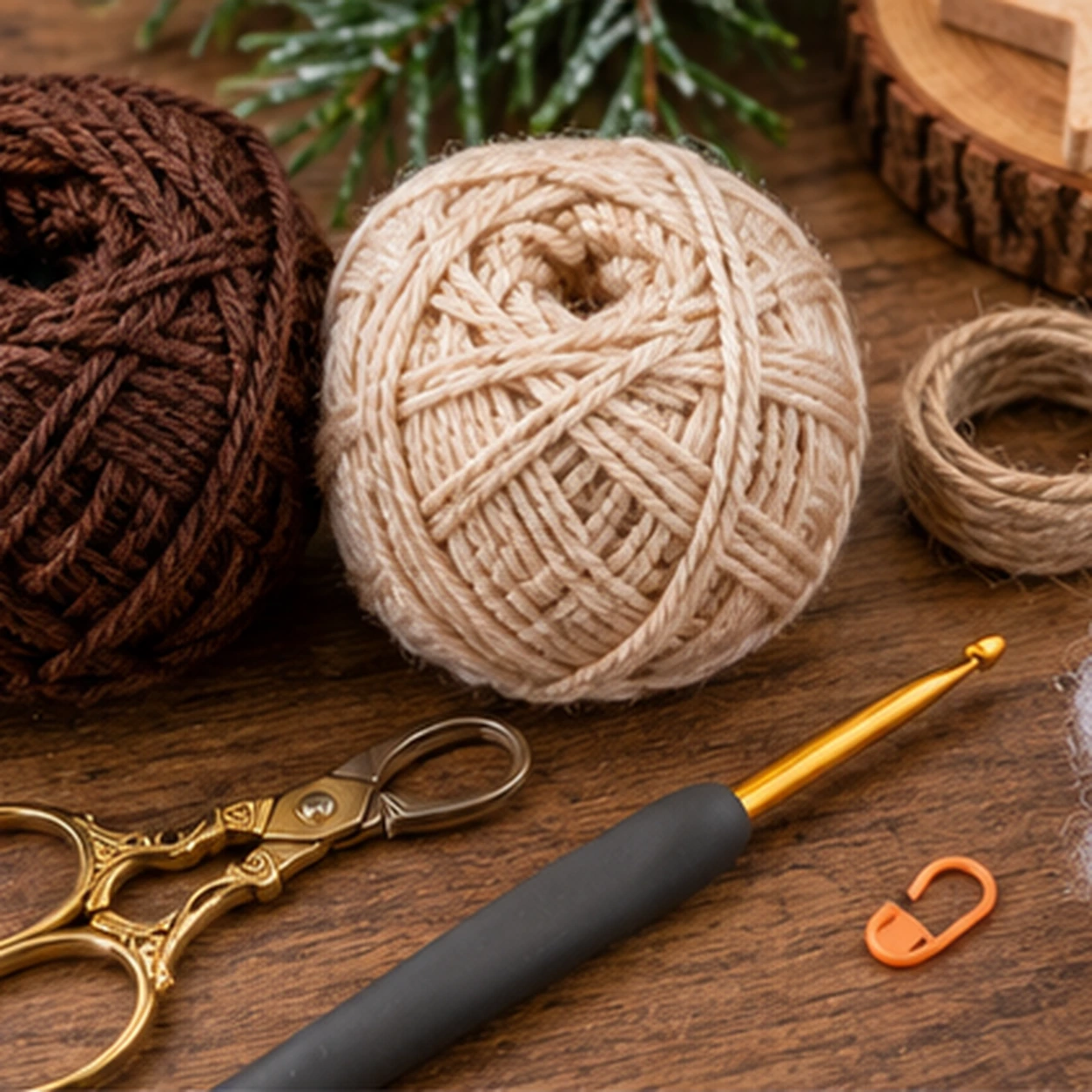Material zum Tannenzapfen häkeln mit braunem Garn, Häkelnadel, Füllwatte, Maschenmarkierer, Wollnadel und Schere