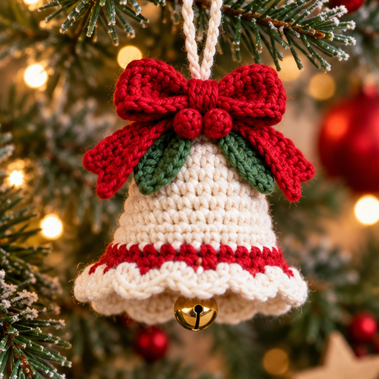 Weihnachtsglocke häkeln – fertige cremefarbene Häkelglocke mit roter Schleife und Aufhängeschlaufe