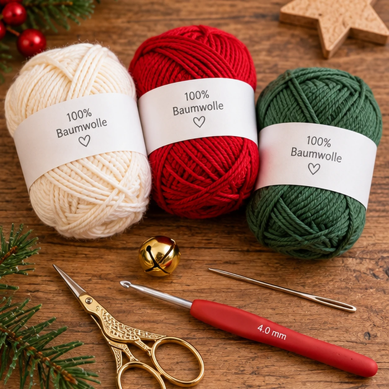 Material zum Weihnachtsglocke häkeln mit cremefarbenem Baumwollgarn, rotem Garn, Häkelnadel, Wollnadel und Schere