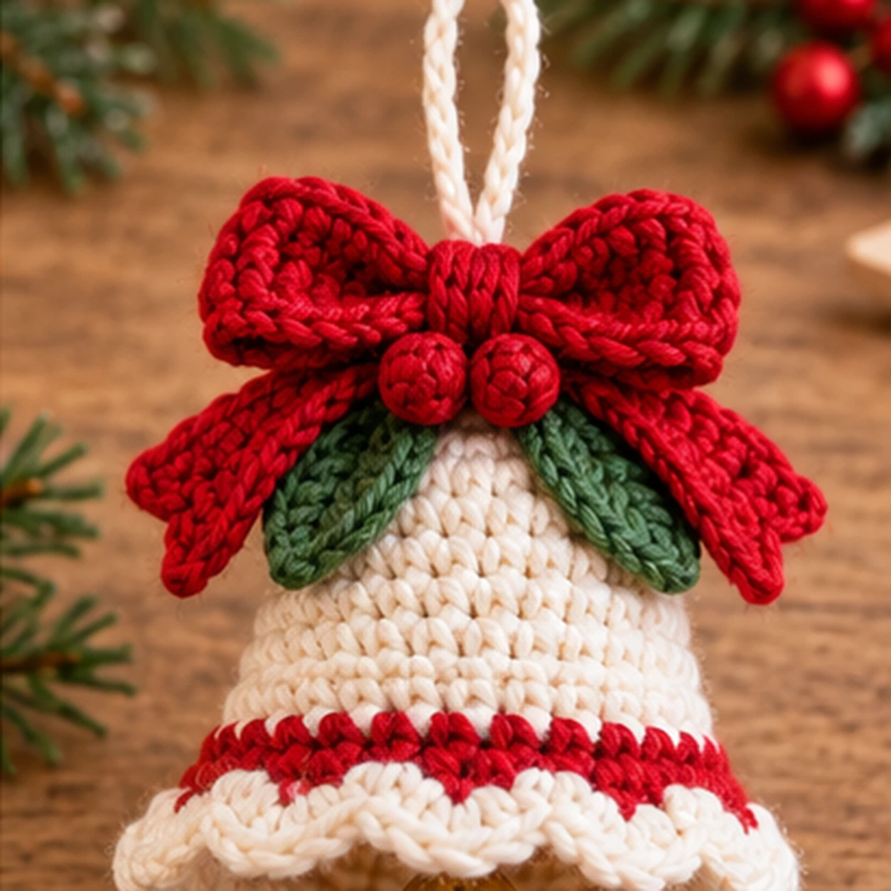 Fertiger Bogenrand und Aufhängeschlaufe an einer kleinen gehäkelten Weihnachtsglocke