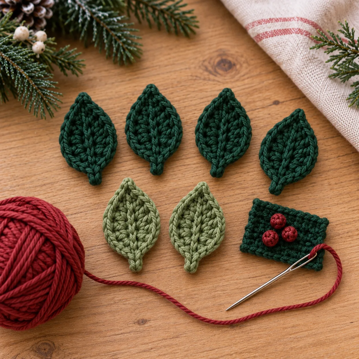 Blätter und rote Beeren vorbereiten, um einen Weihnachtskranz häkeln und dekorieren zu können