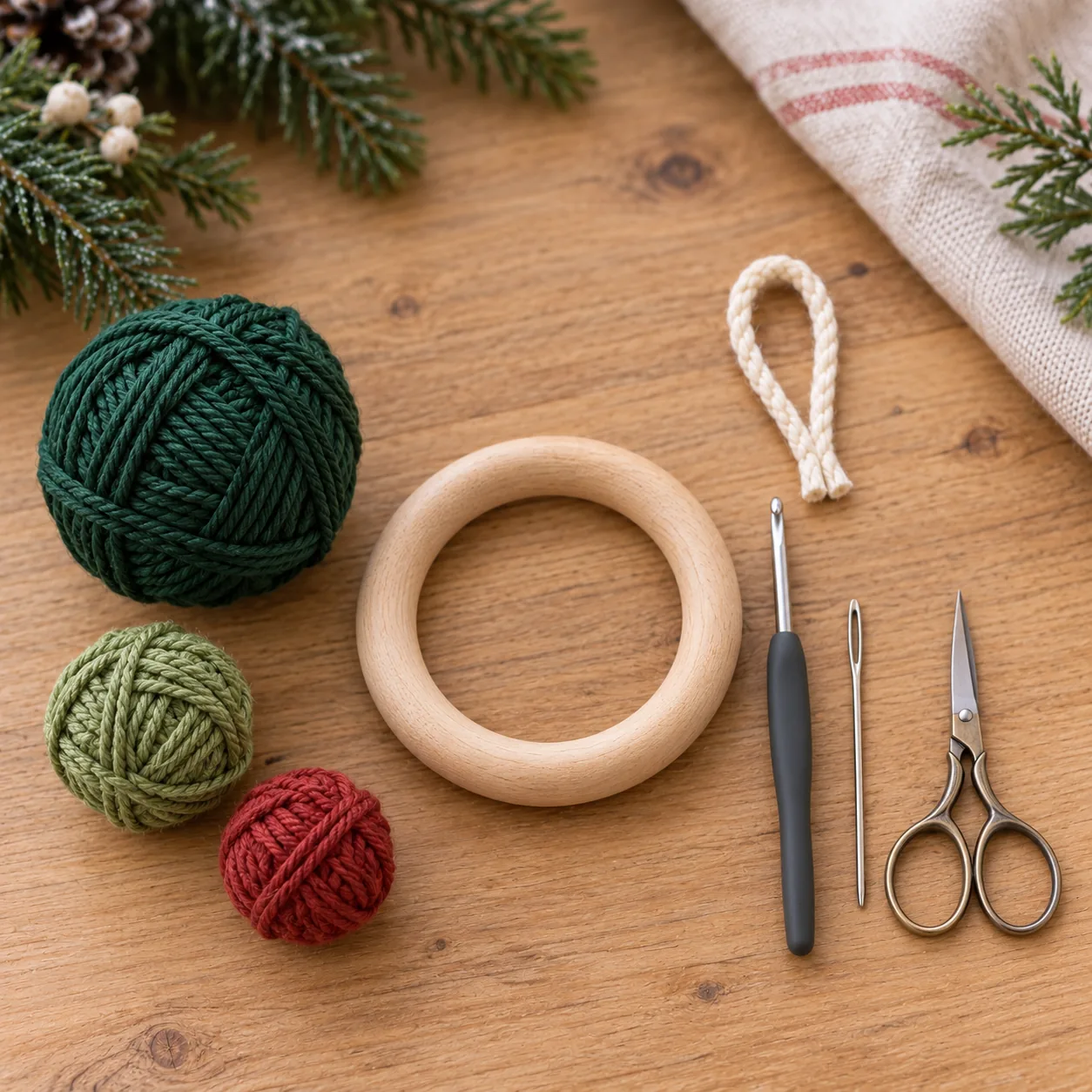 Material zum Weihnachtskranz häkeln mit Holzring, grünem Baumwollgarn, rotem Garn und Häkelnadel