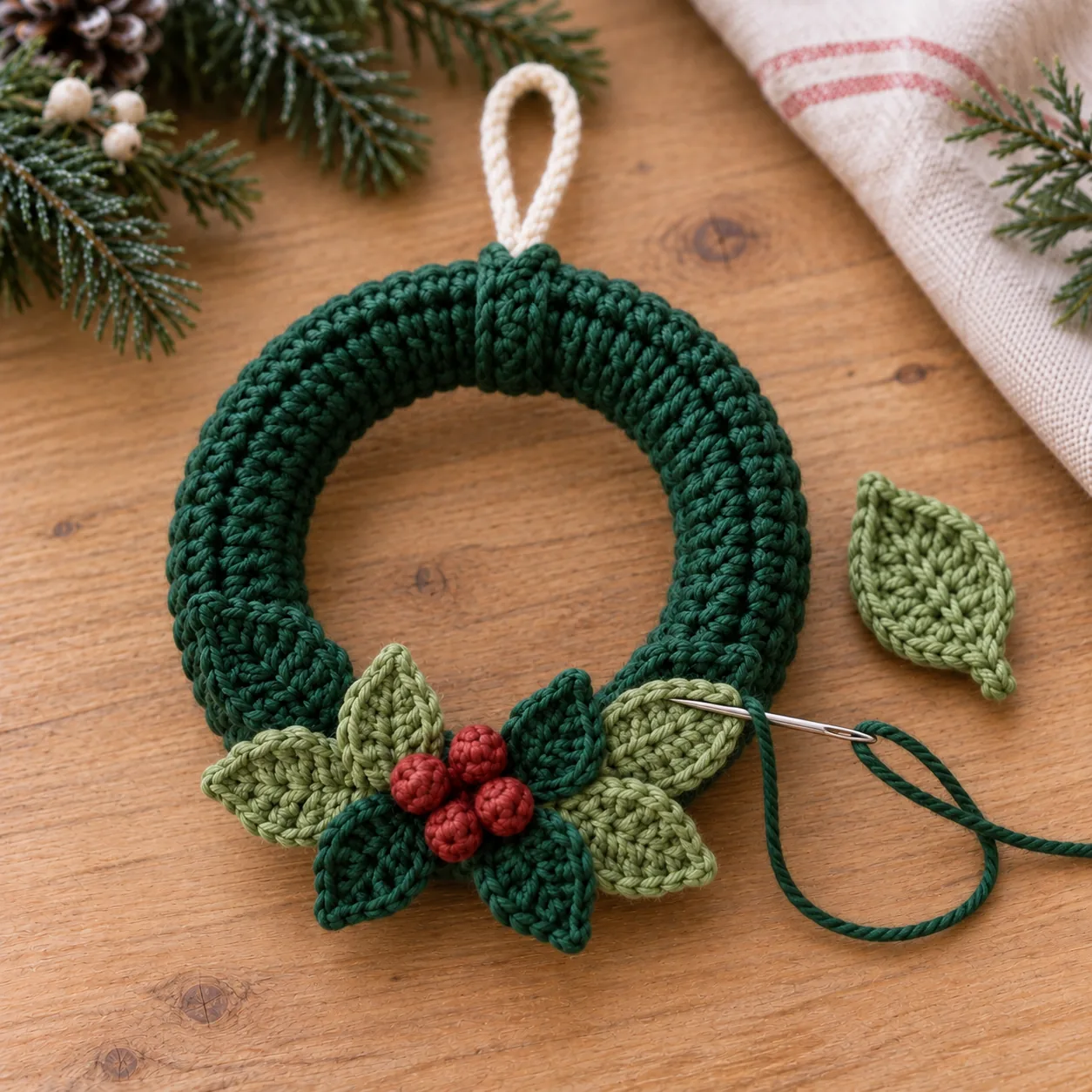 Weihnachtskranz häkeln, Blätter am Ring befestigen und eine Aufhängeschlaufe ergänzen